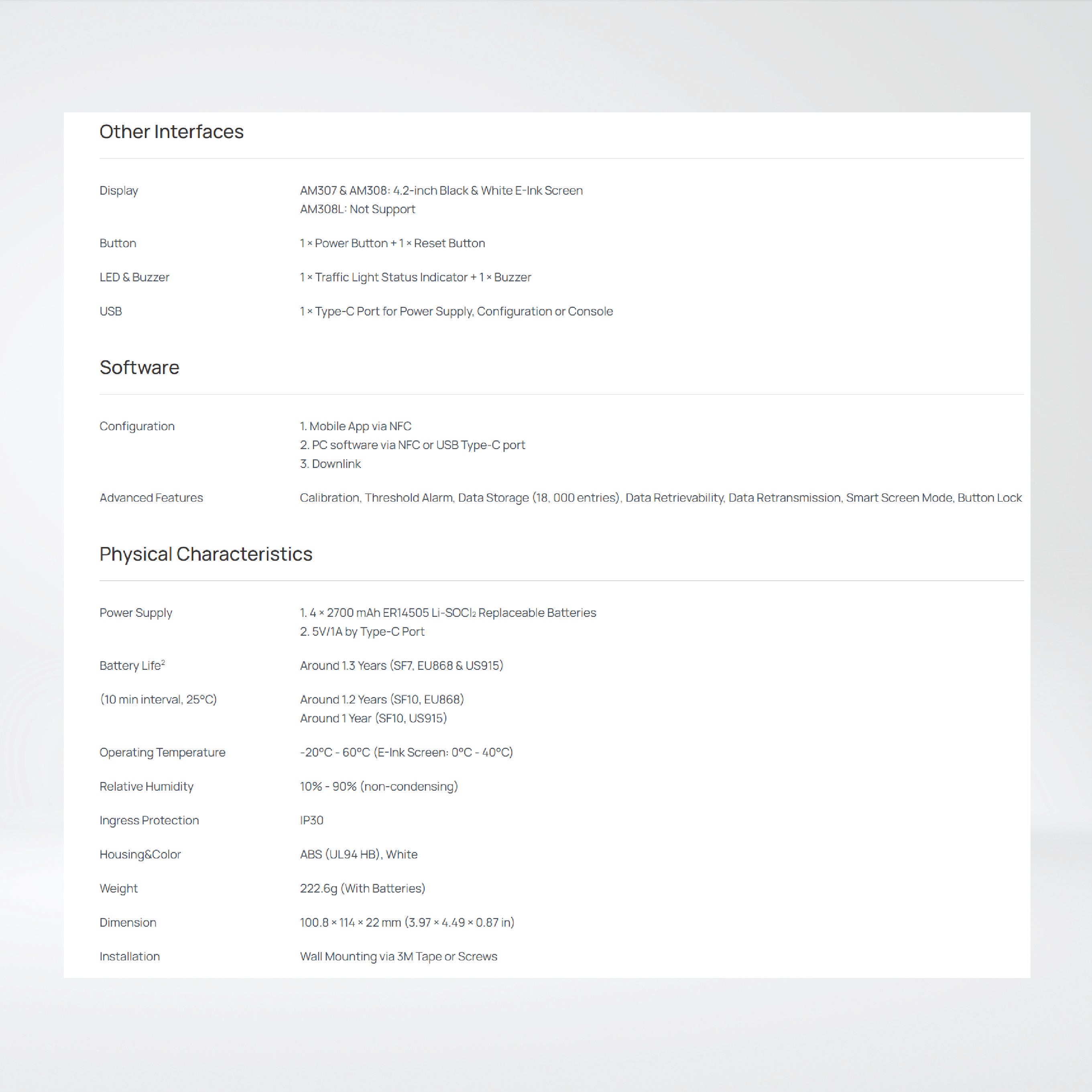 AM308(L) 9-in-1 IAQ Sensor Without E-ink Screen Longer Battery Life