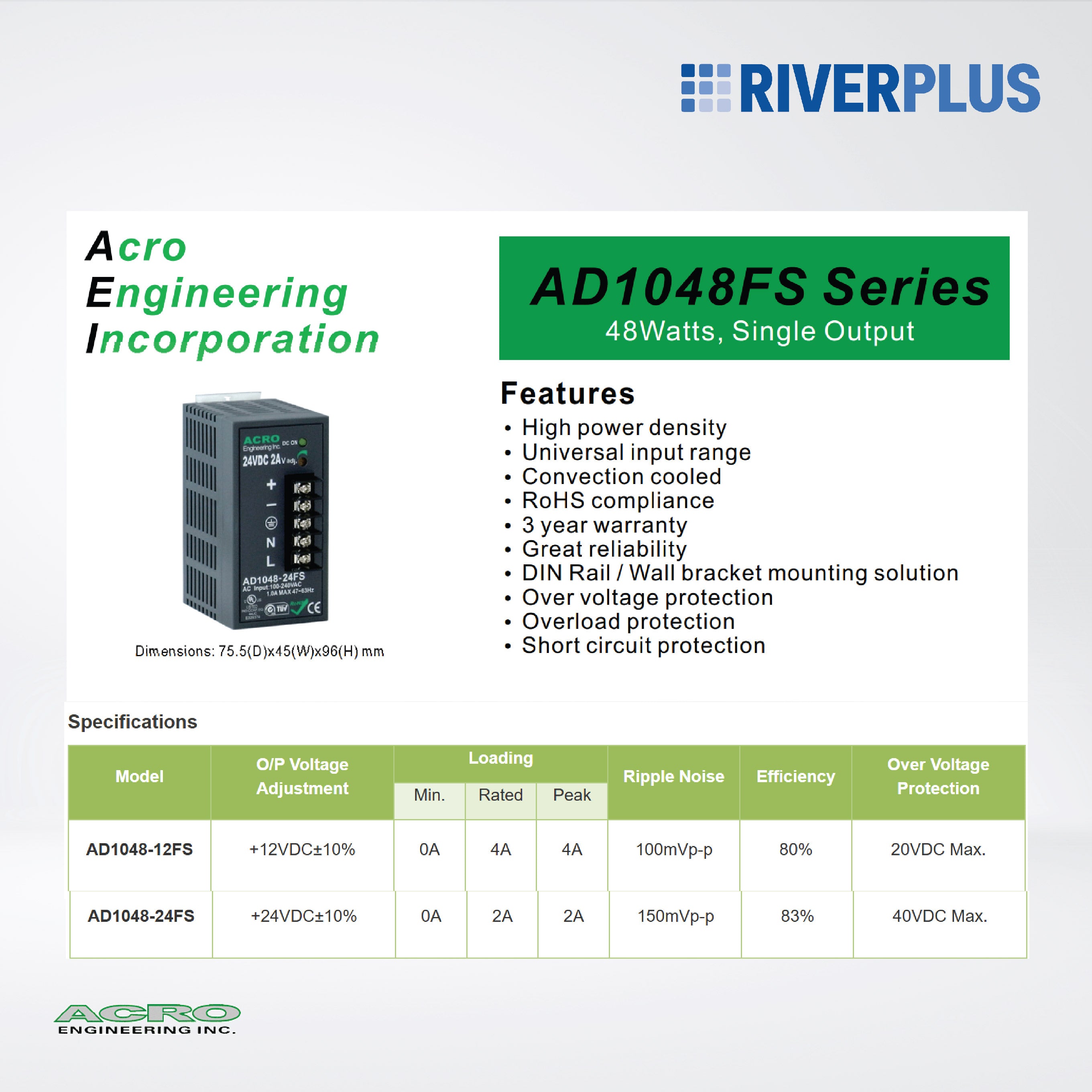 AD1048-24FS 48W DIN rail power supply AC I/P: 100~240V full ra DC O/P: 24V 2.0A