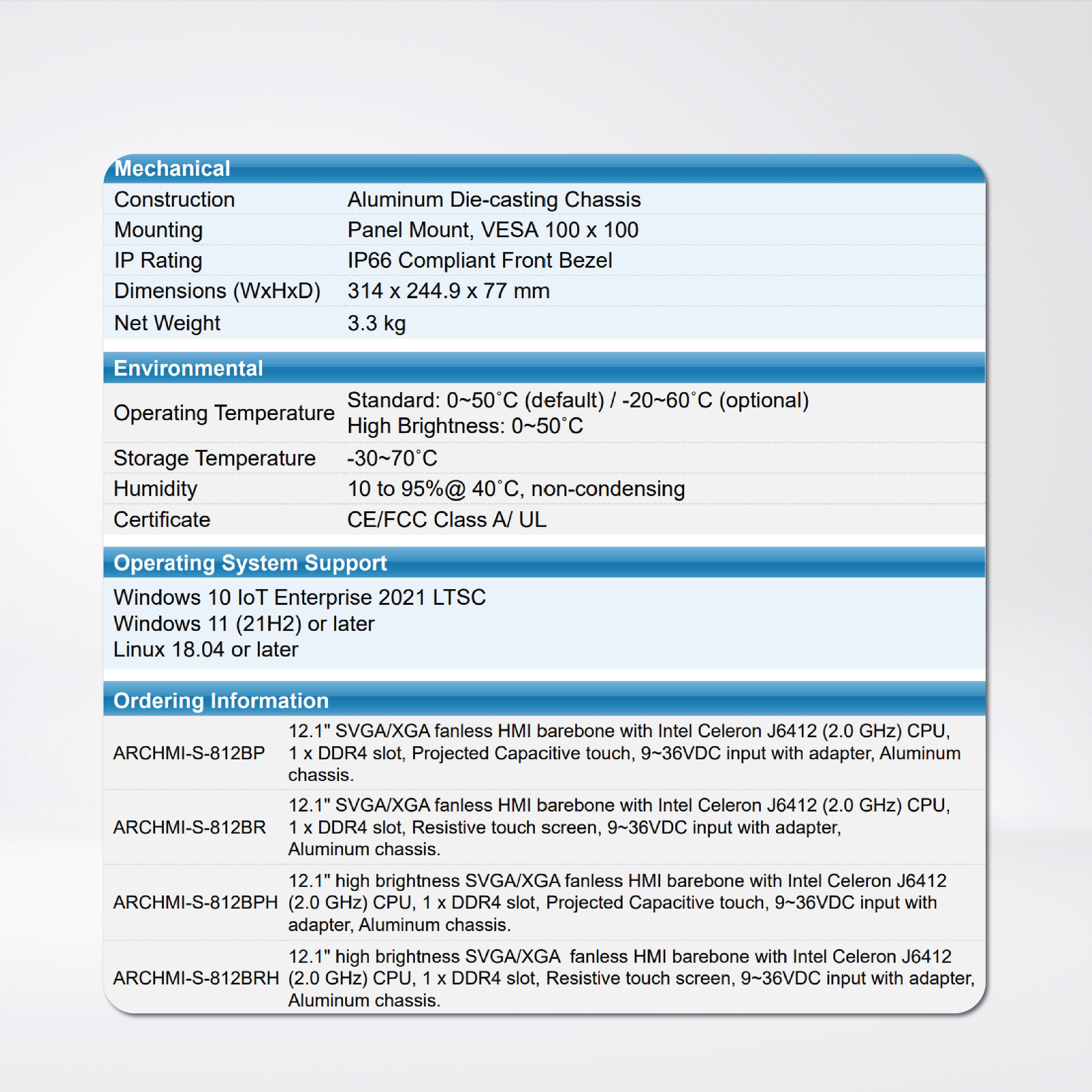 ARCHMI812BR J6412/RAM8/SSD128GB/1024x768 Panel PC
