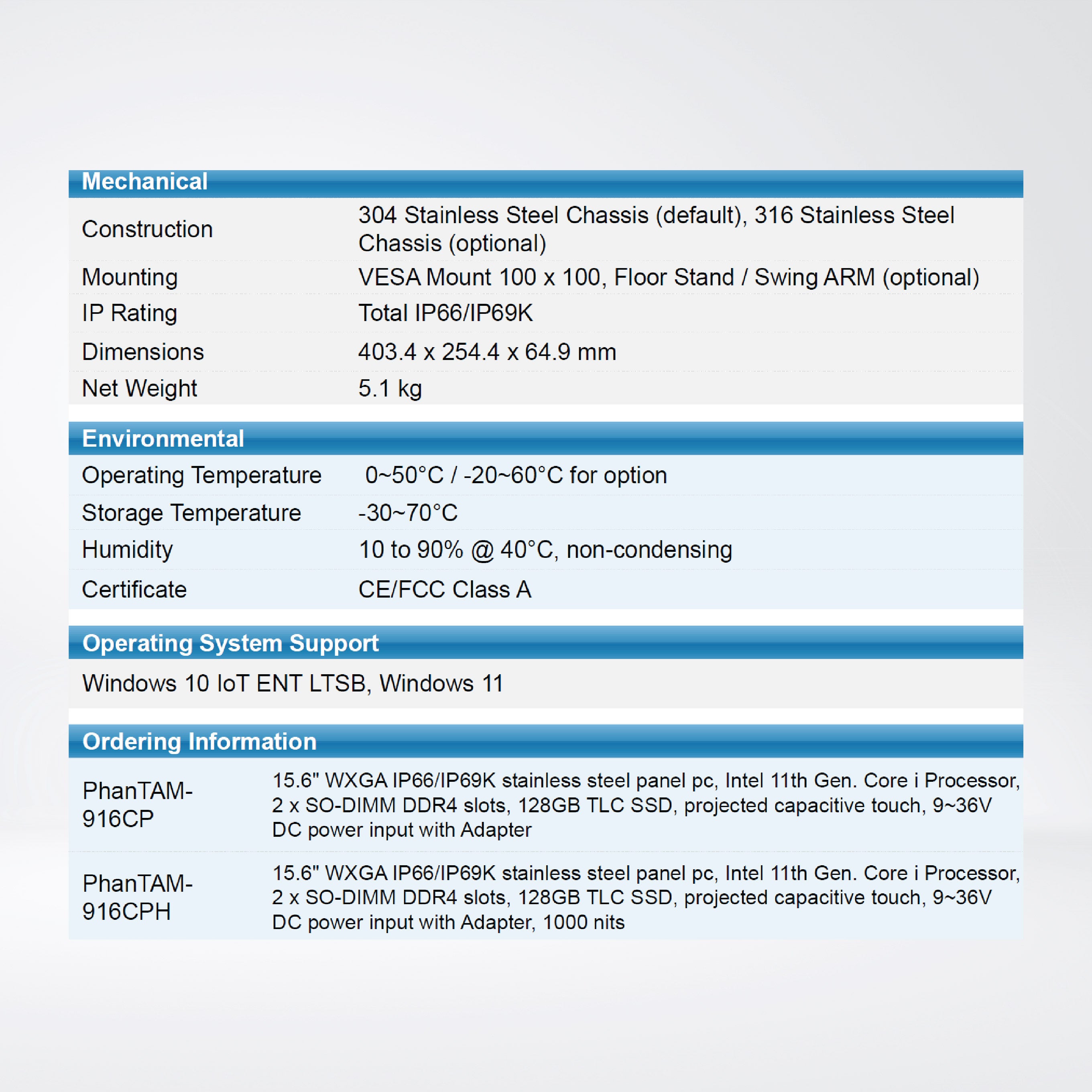 PHANTAM-916CP Core i5-1145G7E RAM8/SSD256GB Stainless steel Panel PC