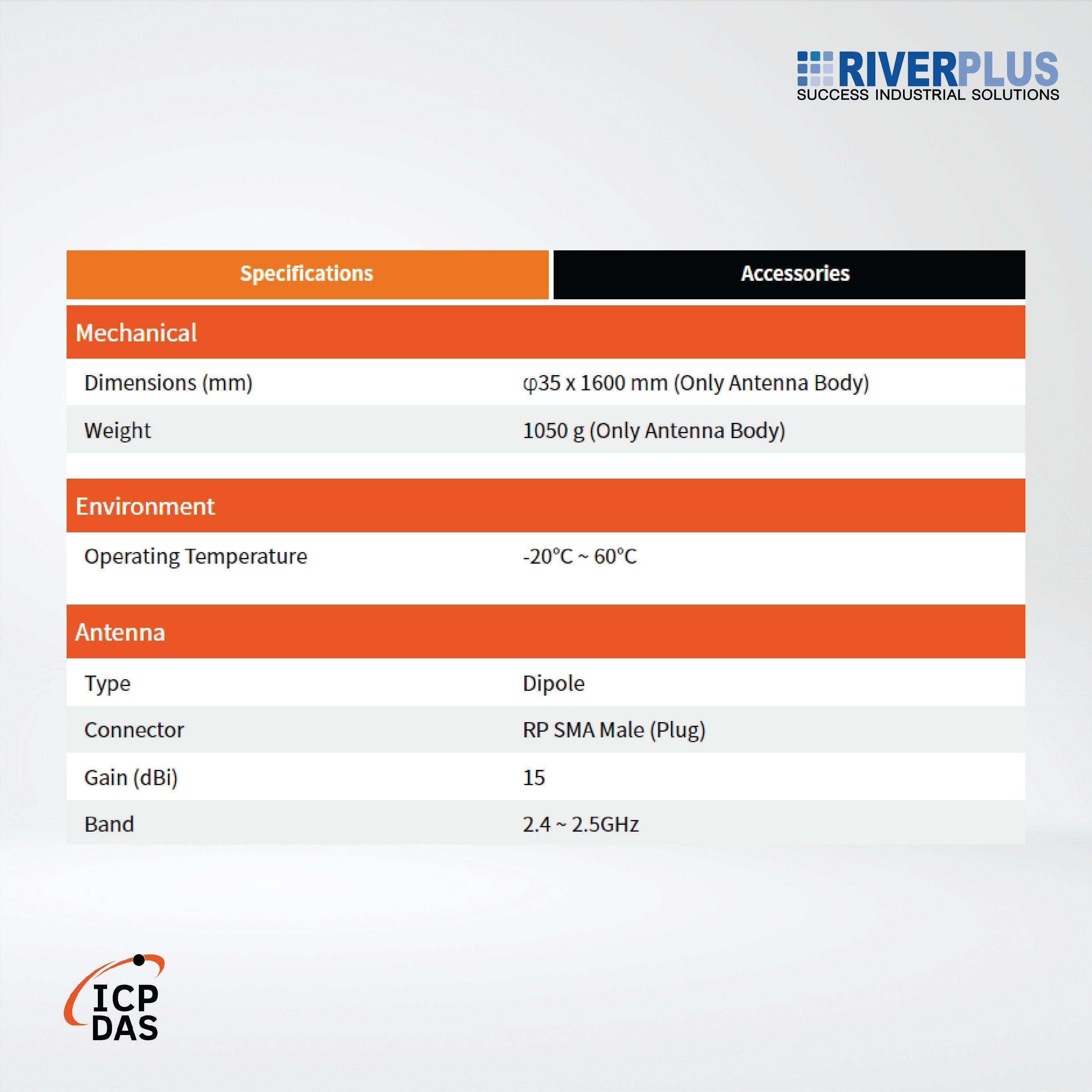 ANT-15 15 dBi, 2.4 GHz omni-directional antennna with 1M cable (RP-SMA Male Plug) - Riverplus