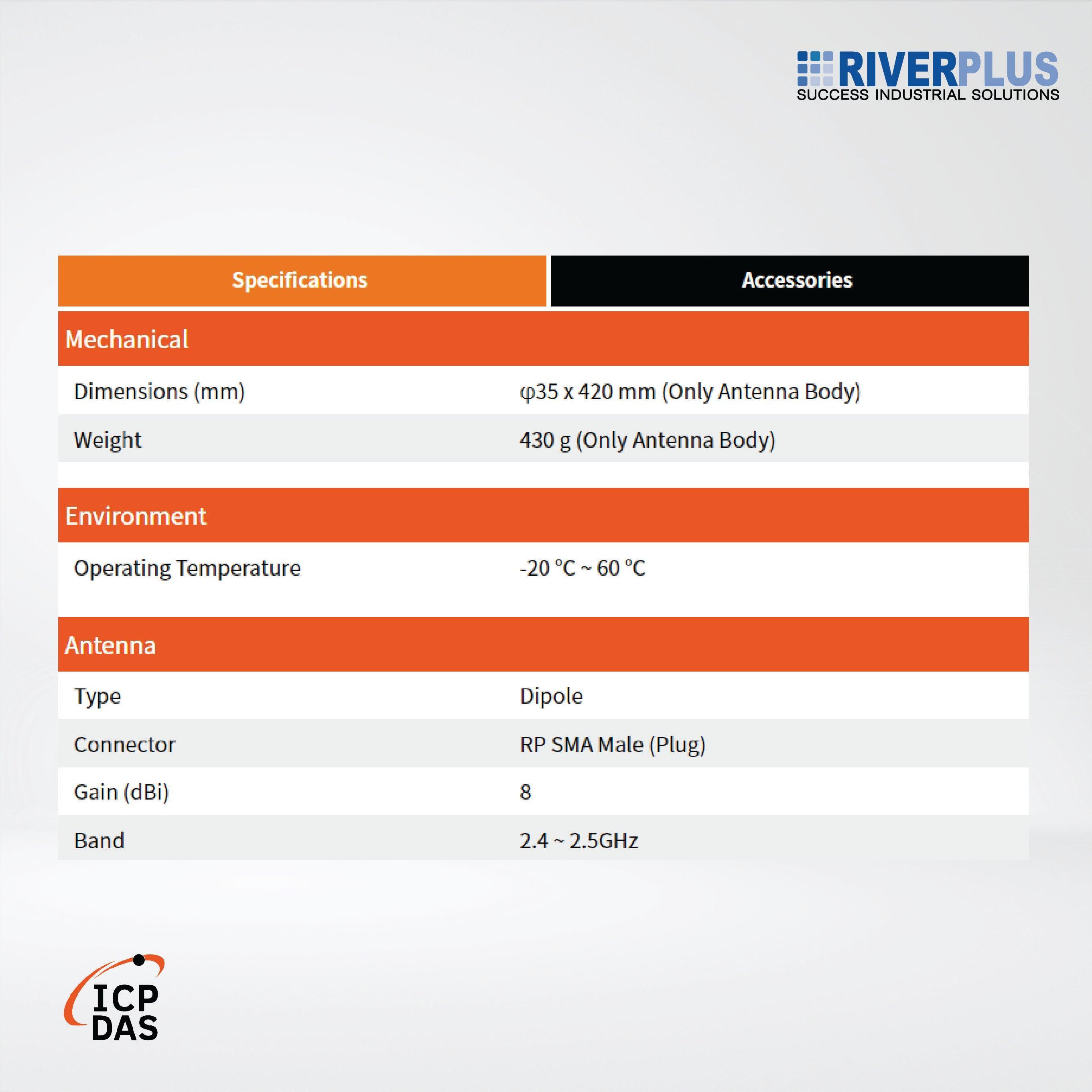 ANT-8 8 dBi, 2.4 GHz omni-directional antennna with 1M cable (RP-SMA Male Plug) - Riverplus