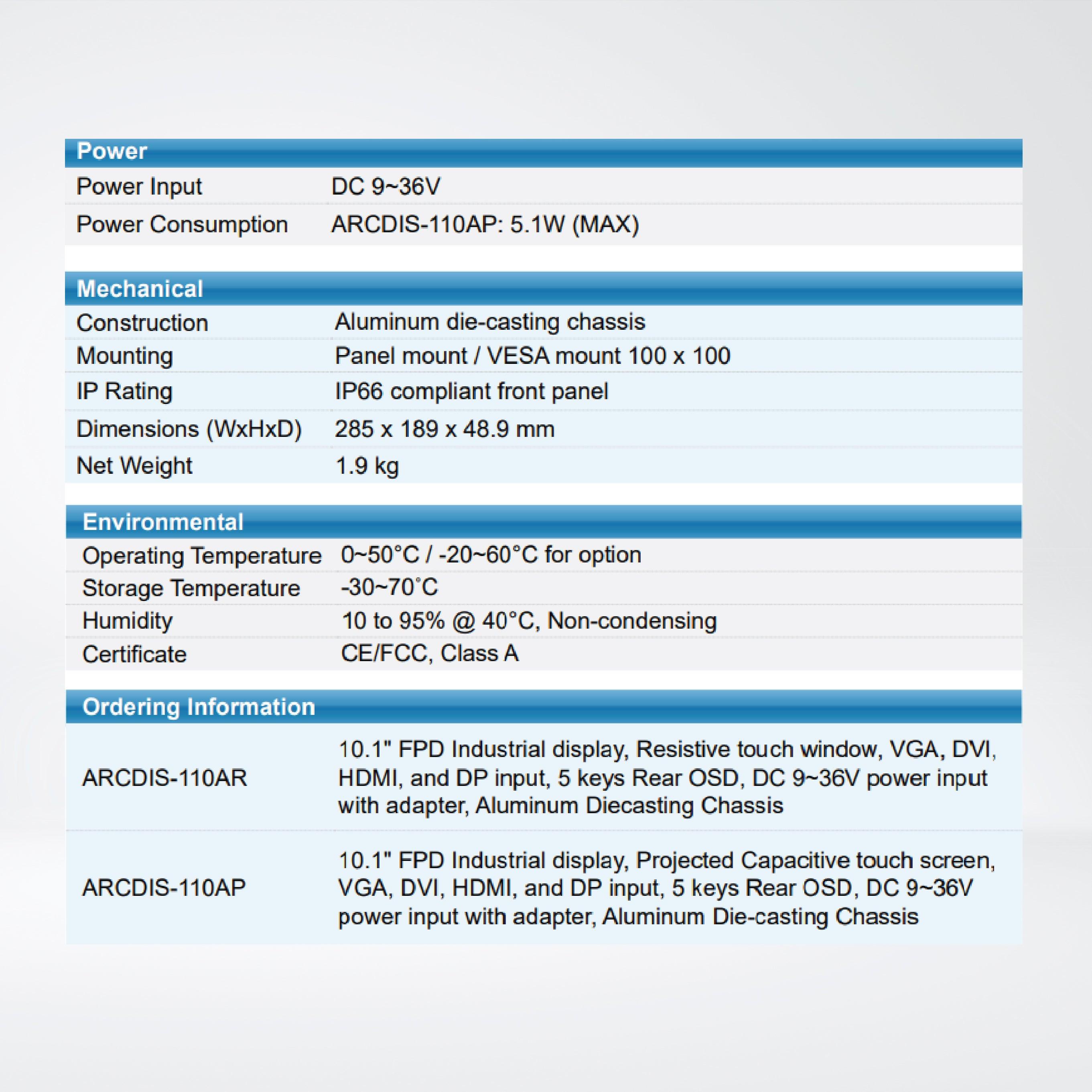 ARCDIS-110APR(H) 10.1” Front Panel IP66 Aluminum Die-casting Display - Riverplus