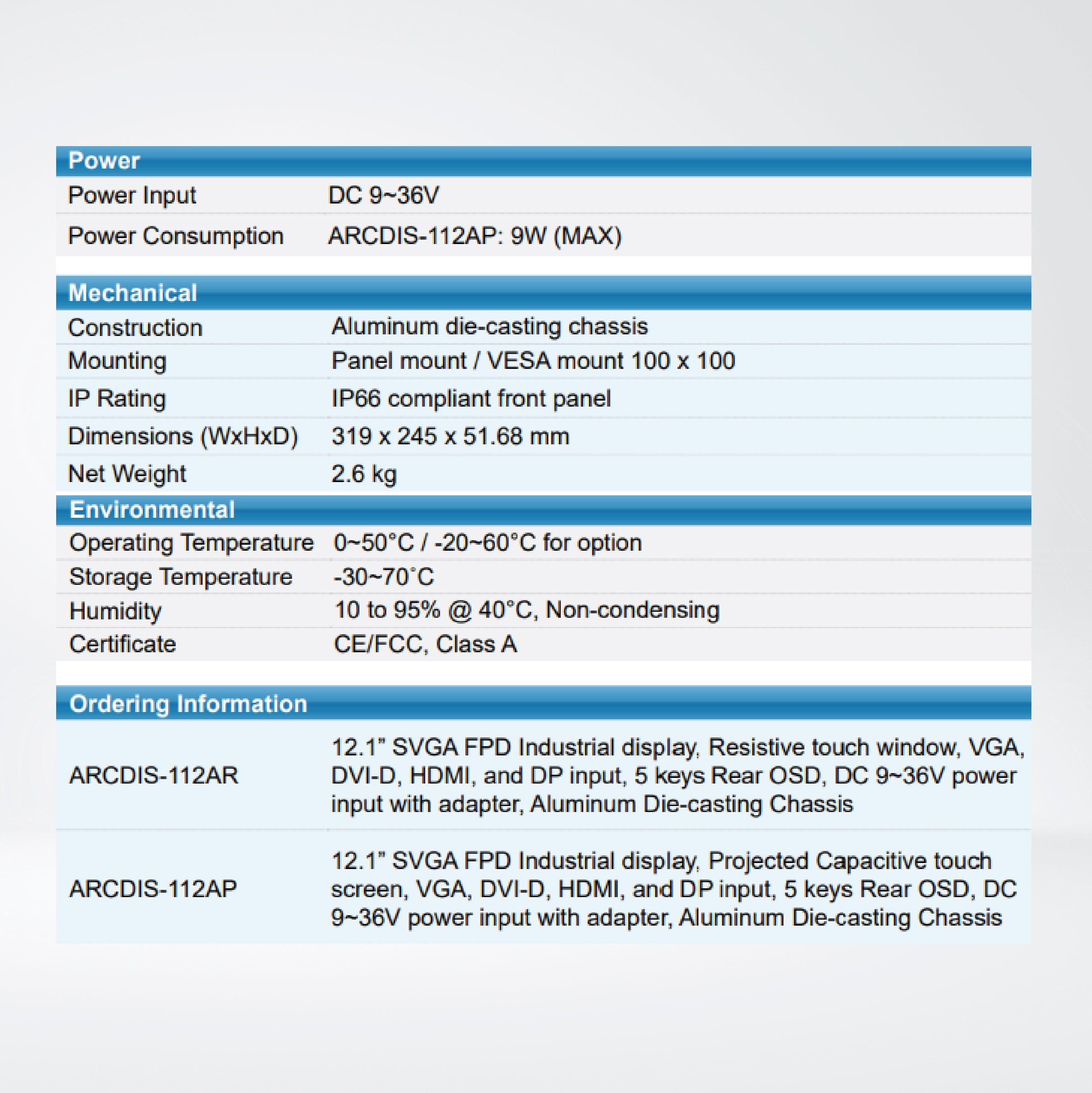 ARCDIS-112APR(H) 12.1” Front Panel IP66 Aluminum Die-casting Display - Riverplus
