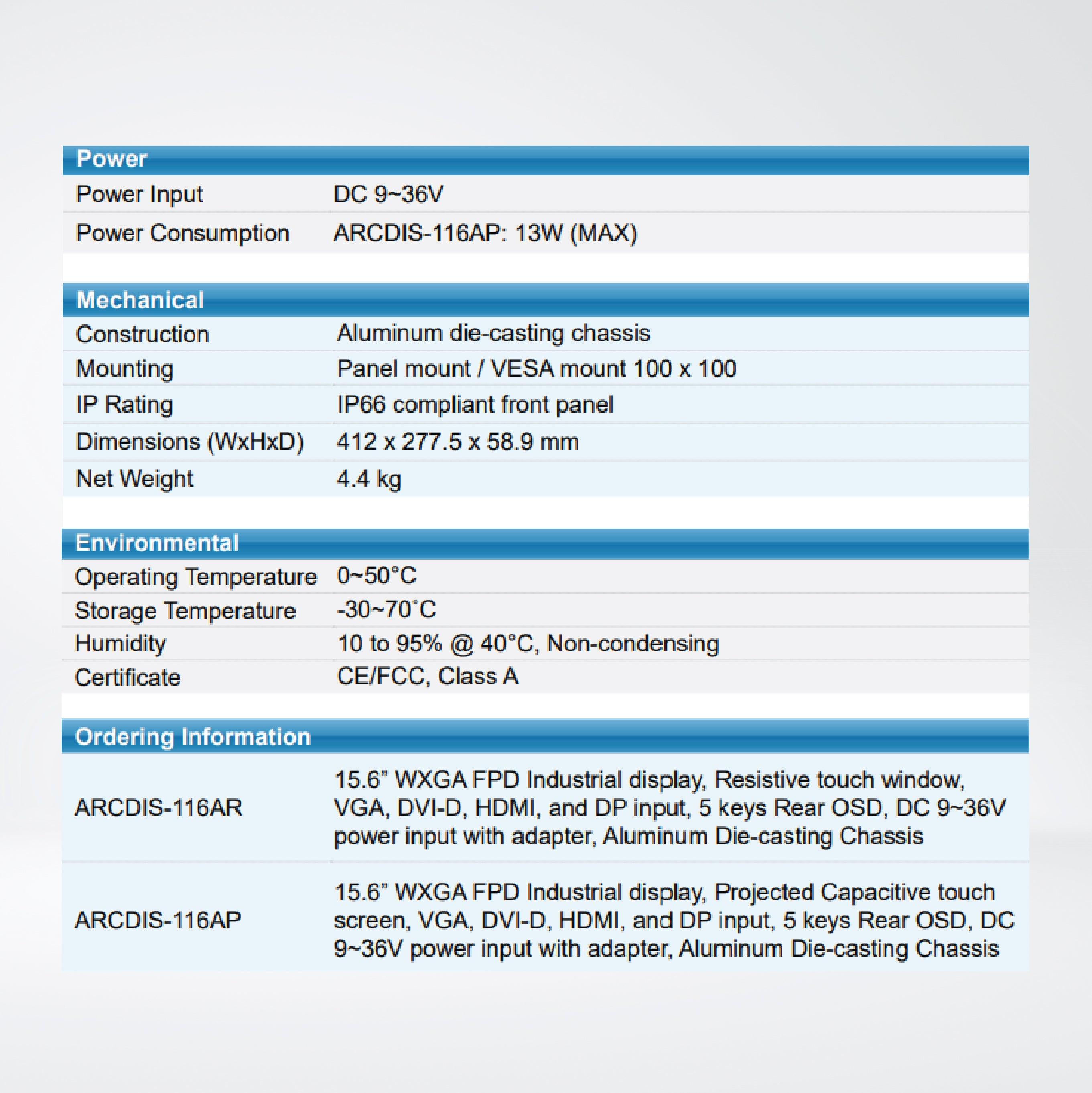ARCDIS-116APRG(H) 15.6” Front Panel IP66 Aluminum Die-casting Display - Riverplus