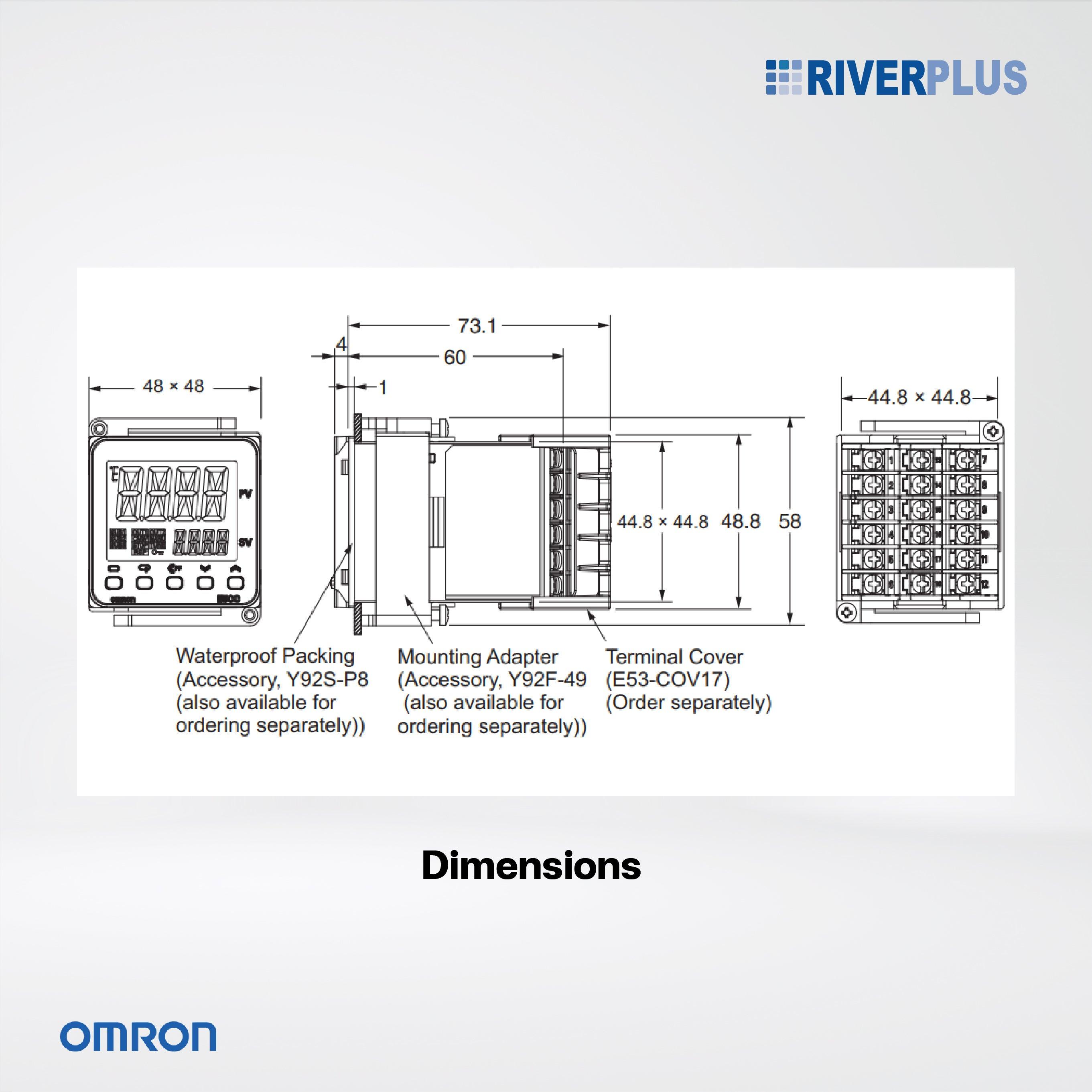 E5CC-RX3A5M-000 OMI Temperature controller, 1/16 DIN (48x48 mm), 1 Relay output, 3 AUX, 100-240 VAC - Riverplus