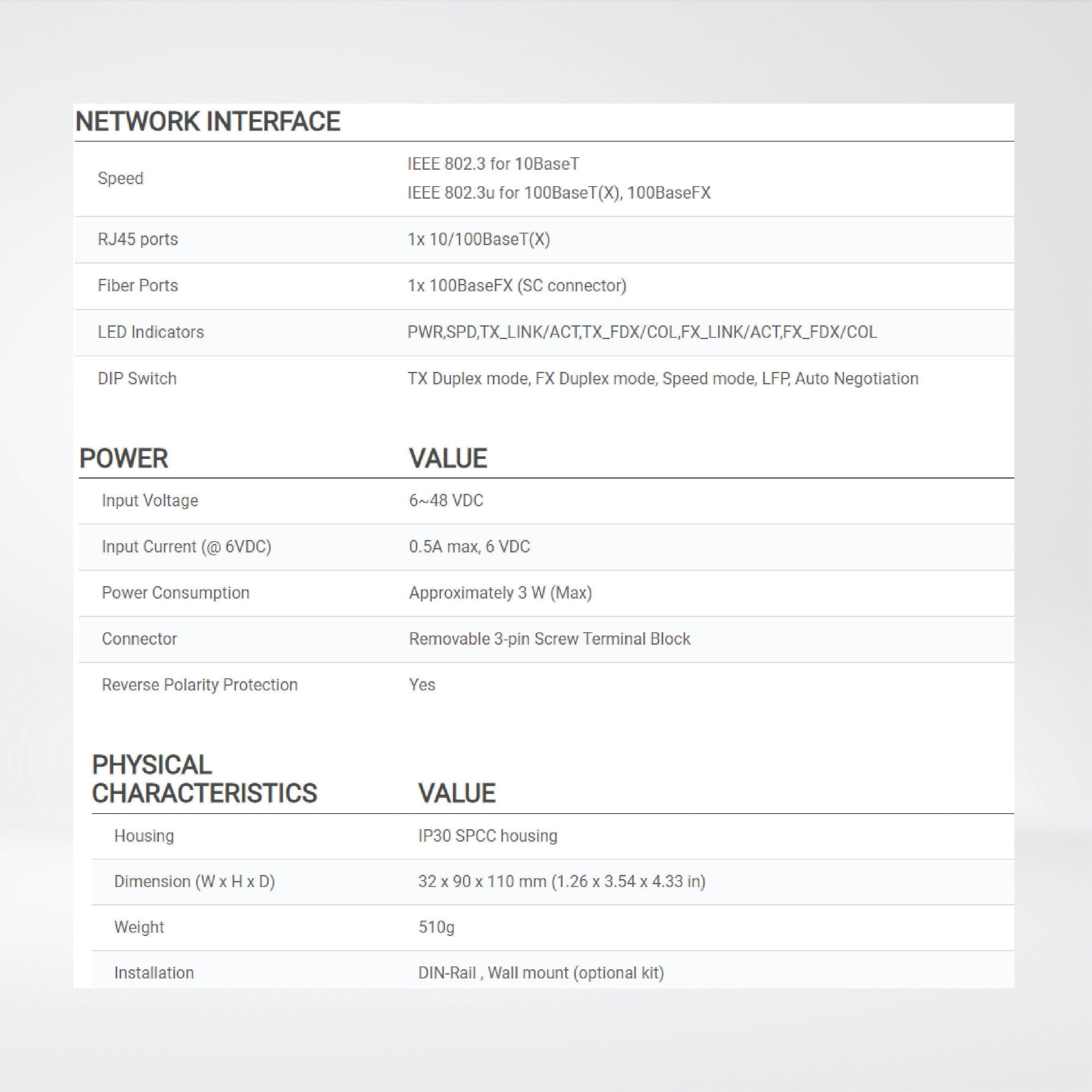 EF23-1-1Fs-SC-30 100BaseT(X) to 100BaseFX Media Converter, Single mode, SC connector - Riverplus