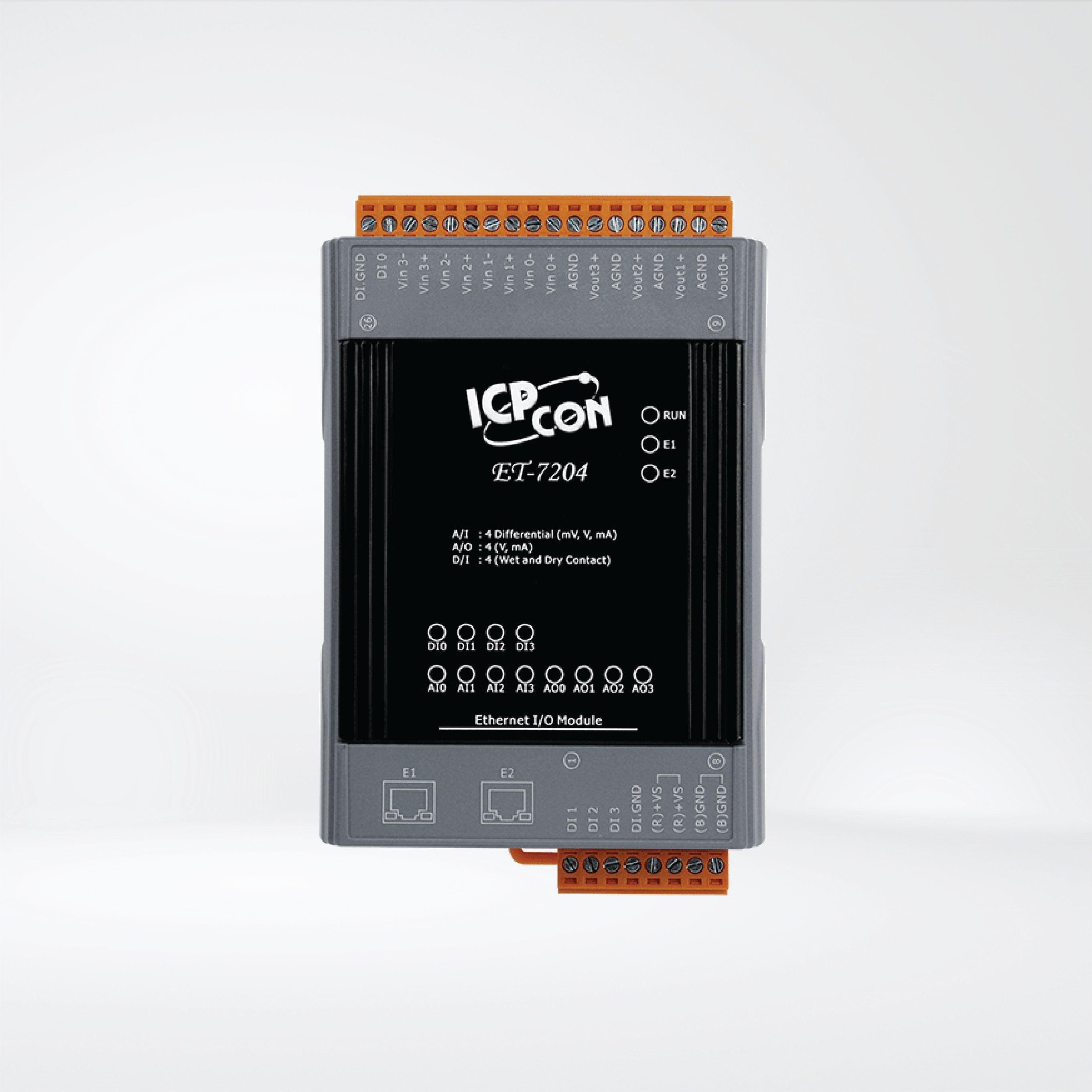 ET-7204 Ethernet I/O Module 2-port Ethernet Switch, 4-ch AI, 4-ch AO and 4-ch DI - Riverplus