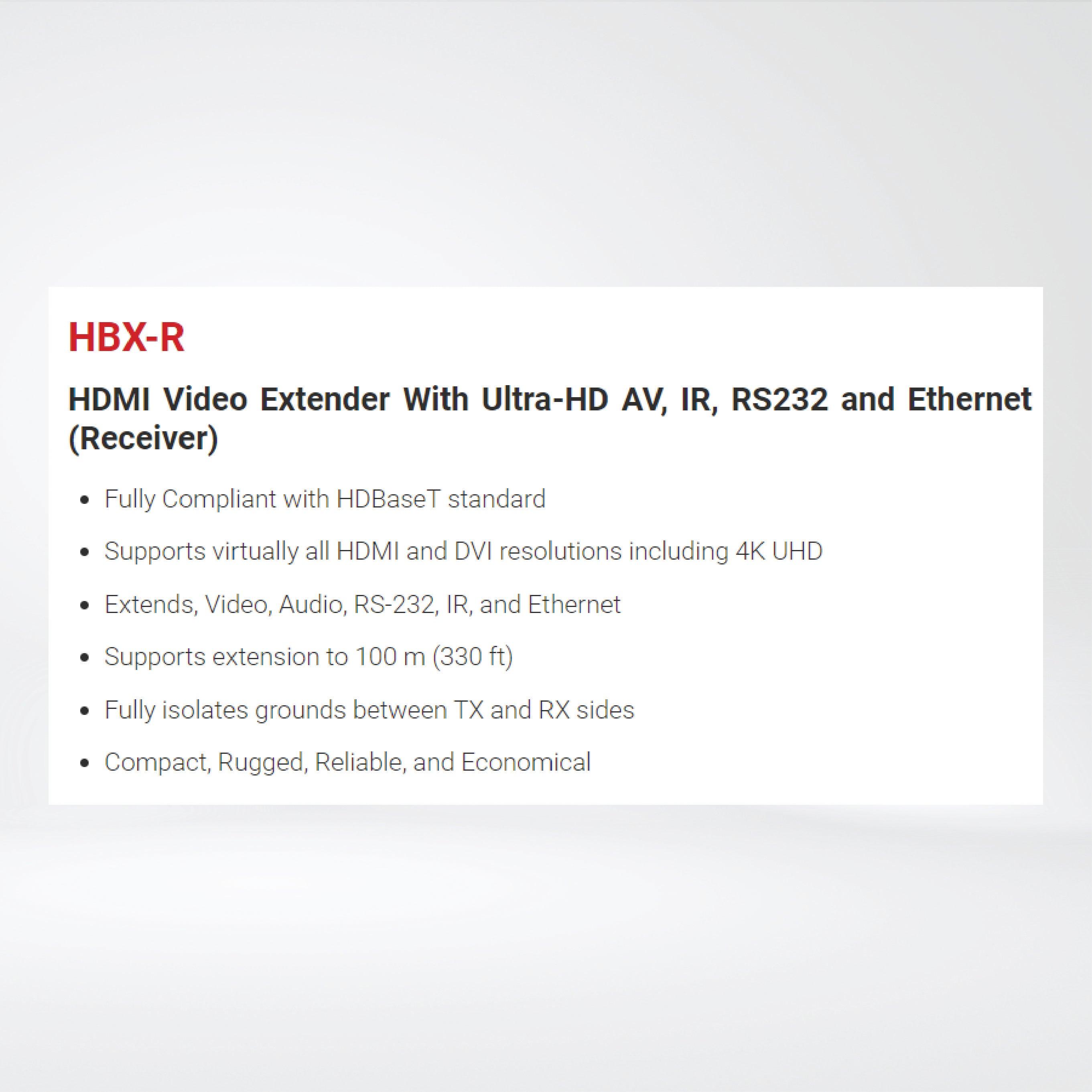 HBX-R HDMI Video Extender With Ultra-HD AV, IR, RS232 and Ethernet (Receiver) - Riverplus