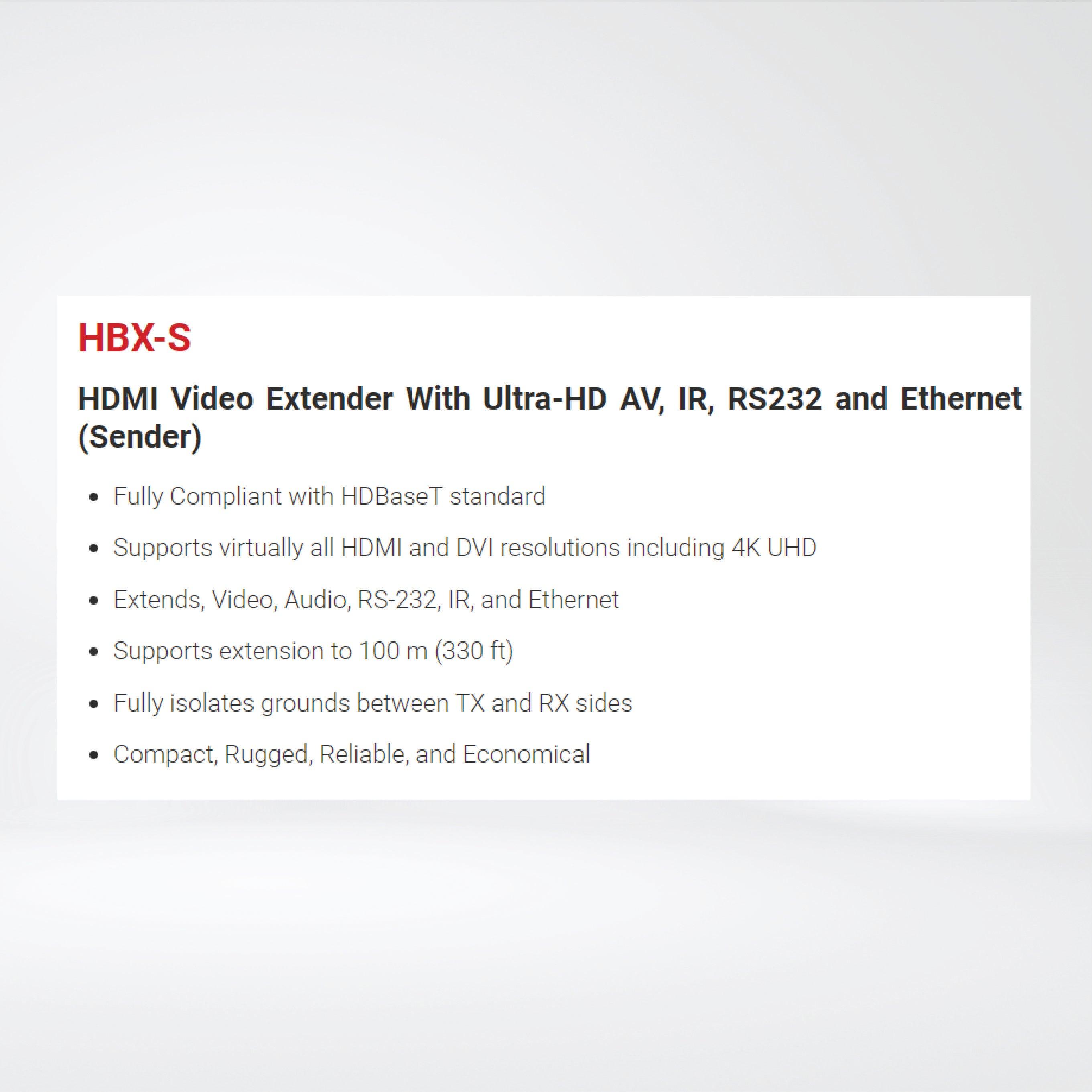HBX-S HDMI Video Extender With Ultra-HD AV, IR, RS232 and Ethernet (Sender) - Riverplus