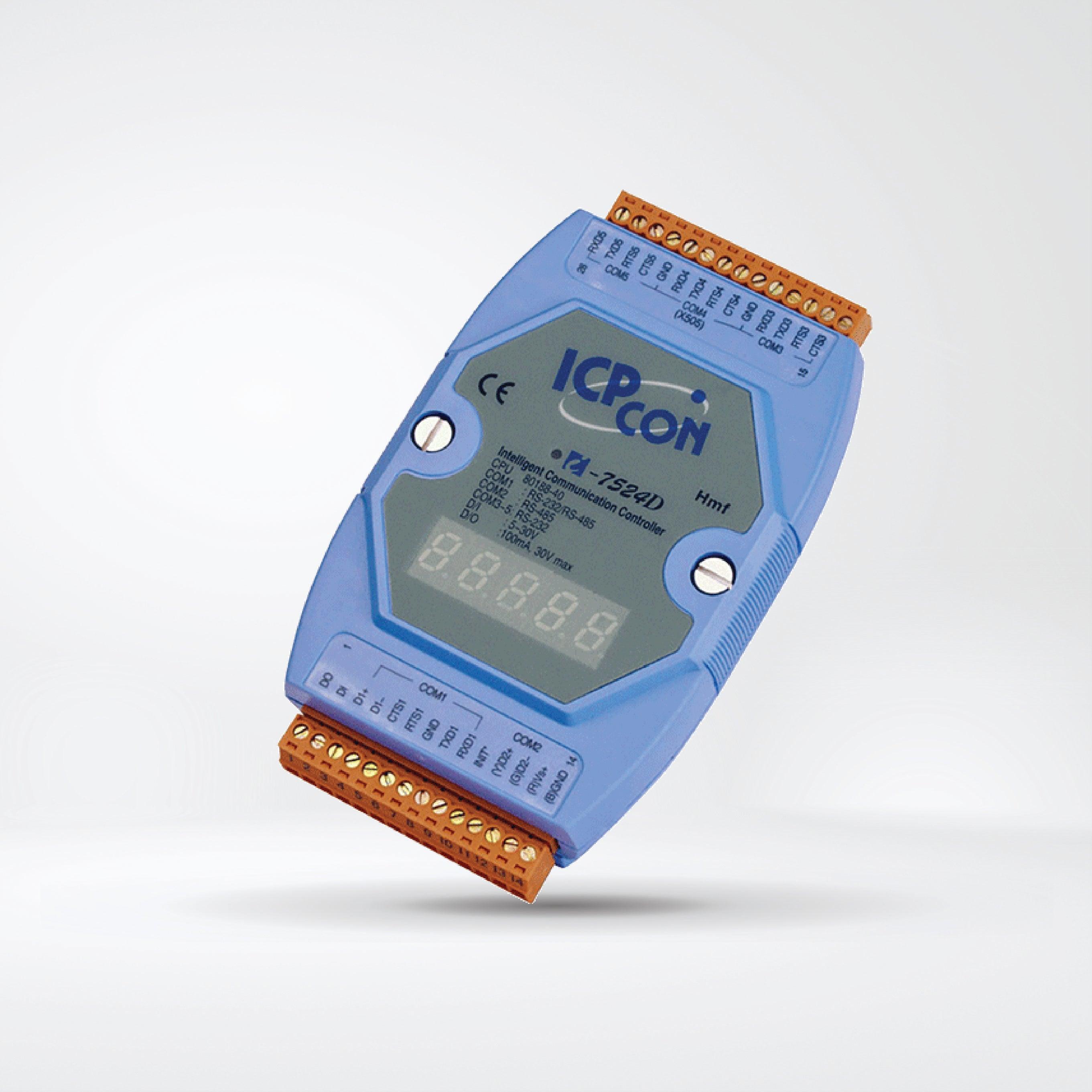 I-7524D Addressable RS-485 to 4 x RS-232/RS-485 Converter with 1 DI, 1 DO and 7-Segment LED Display (Blue Cover) - Riverplus