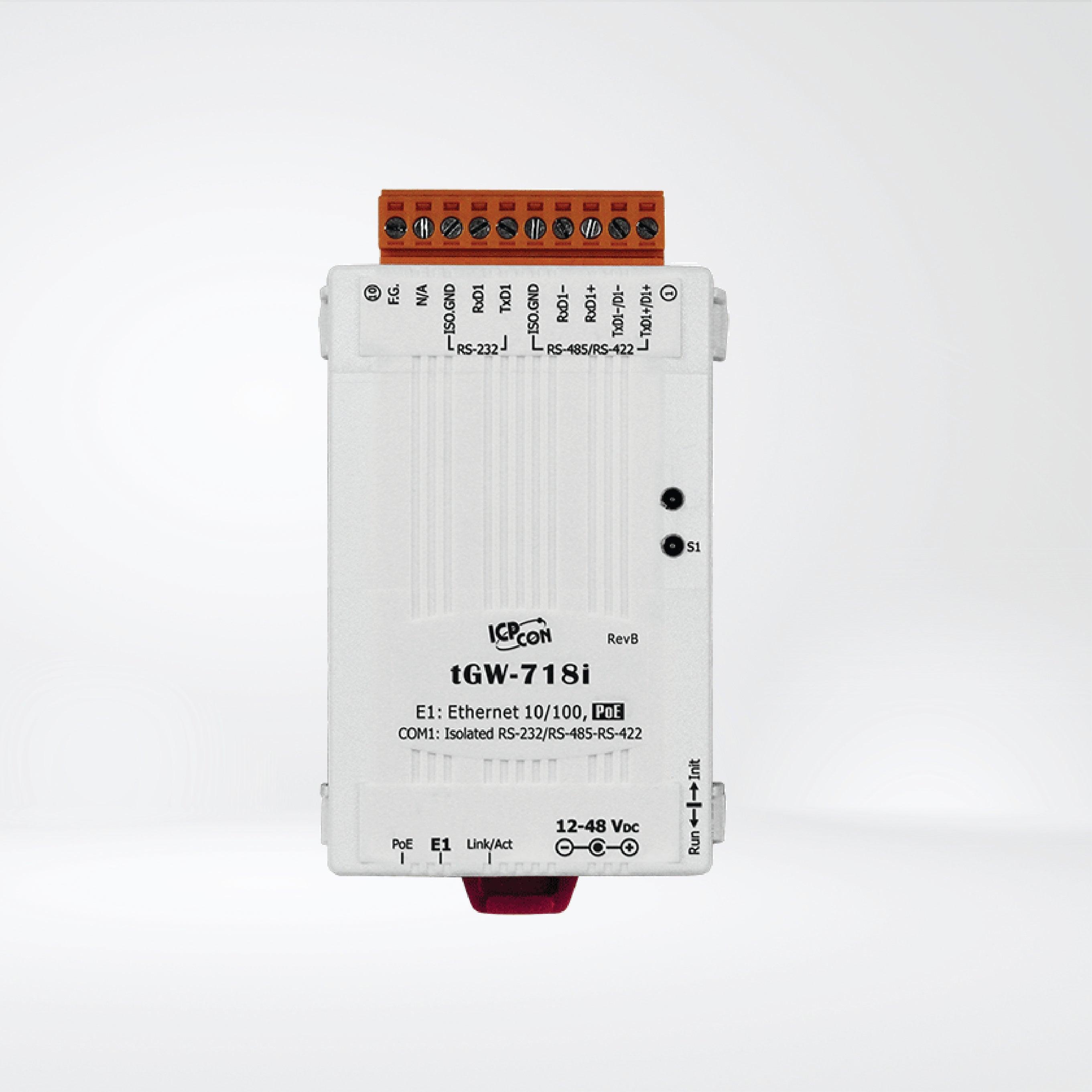 tGW-718i Tiny Modbus/TCP to RTU/ASCII Gateway with PoE and 1-port Isolated RS-232/422/485 - Riverplus