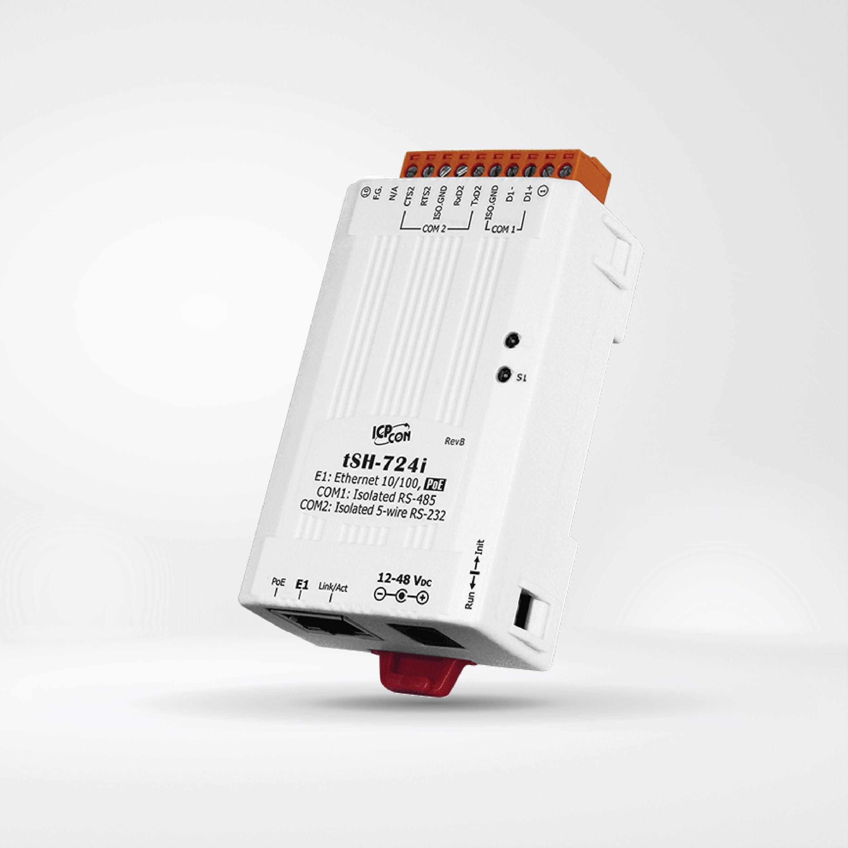 tSH-724i Tiny (1x Isolated RS-232 and 1x Isolated RS-485) Serial Port Converter with PoE - Riverplus