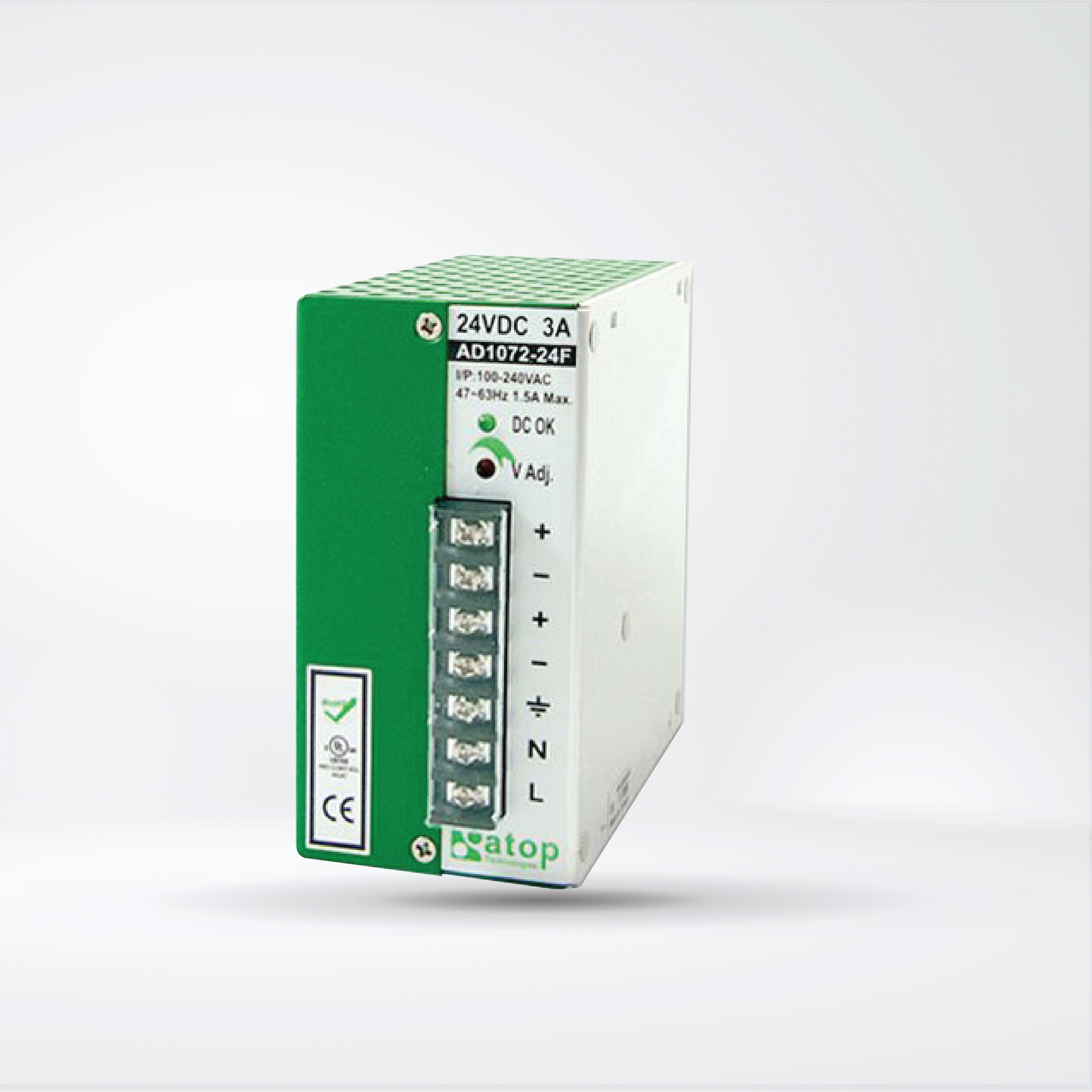AD1072-24F 72W/3A DIN-Rail 24 VDC power supply with universal 100~240VAC/120~370VDC input
