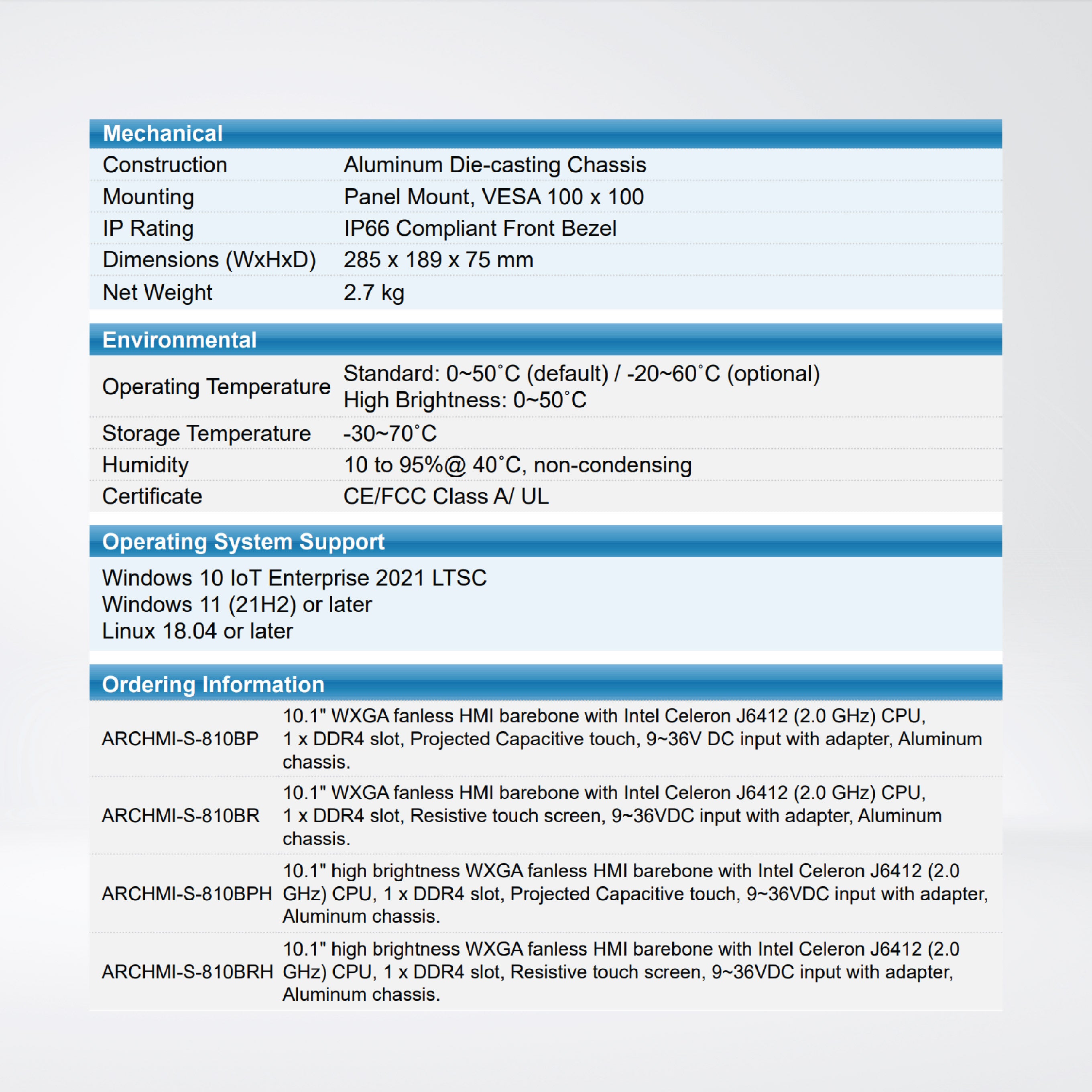 ARCHMI810BR J6412/RAM8/SSD128GB/1280x800 Panel PC