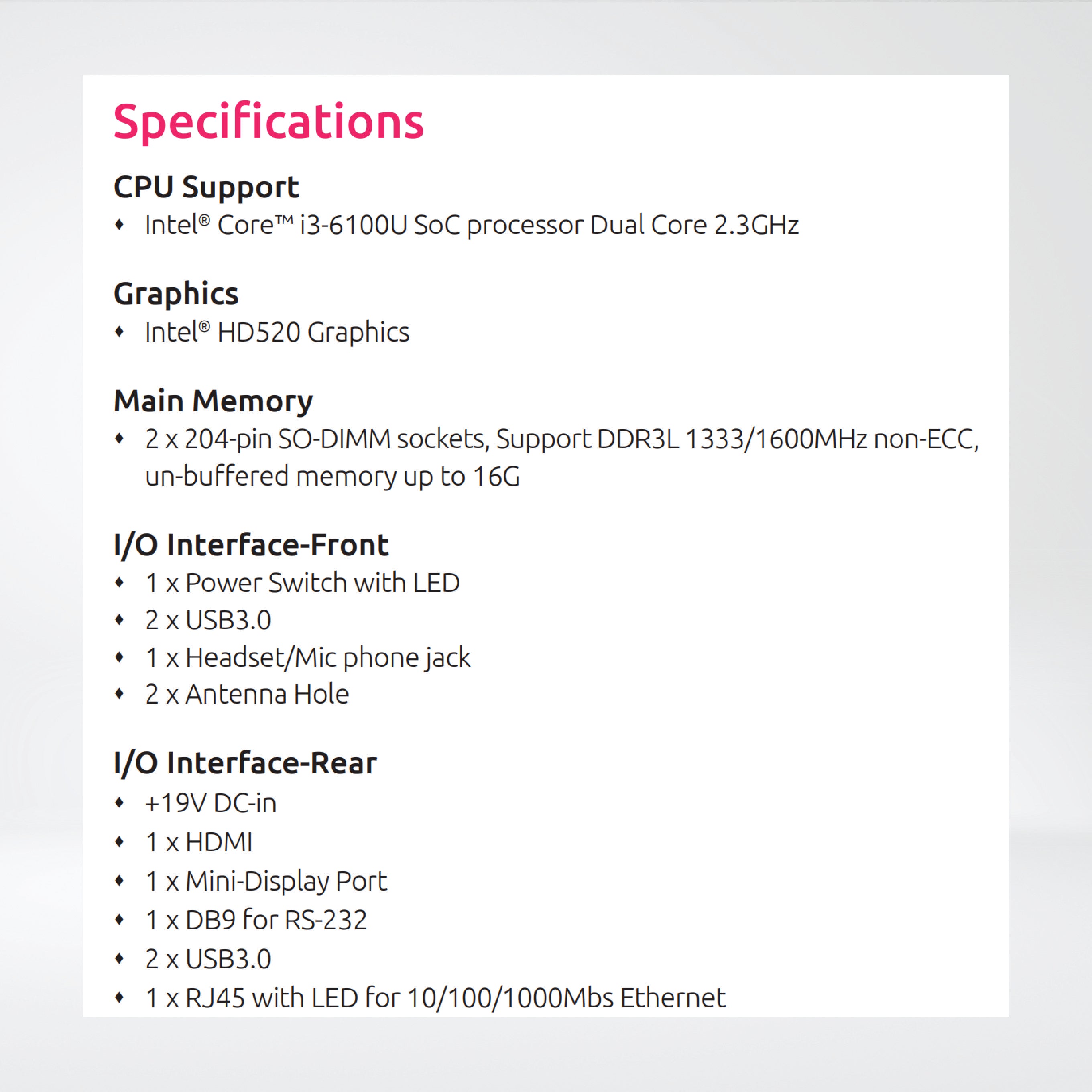 NDiS B425-SI3 Fanless Embedded Computer Powered by Intel® Core™ i3-6100U SoC Processor