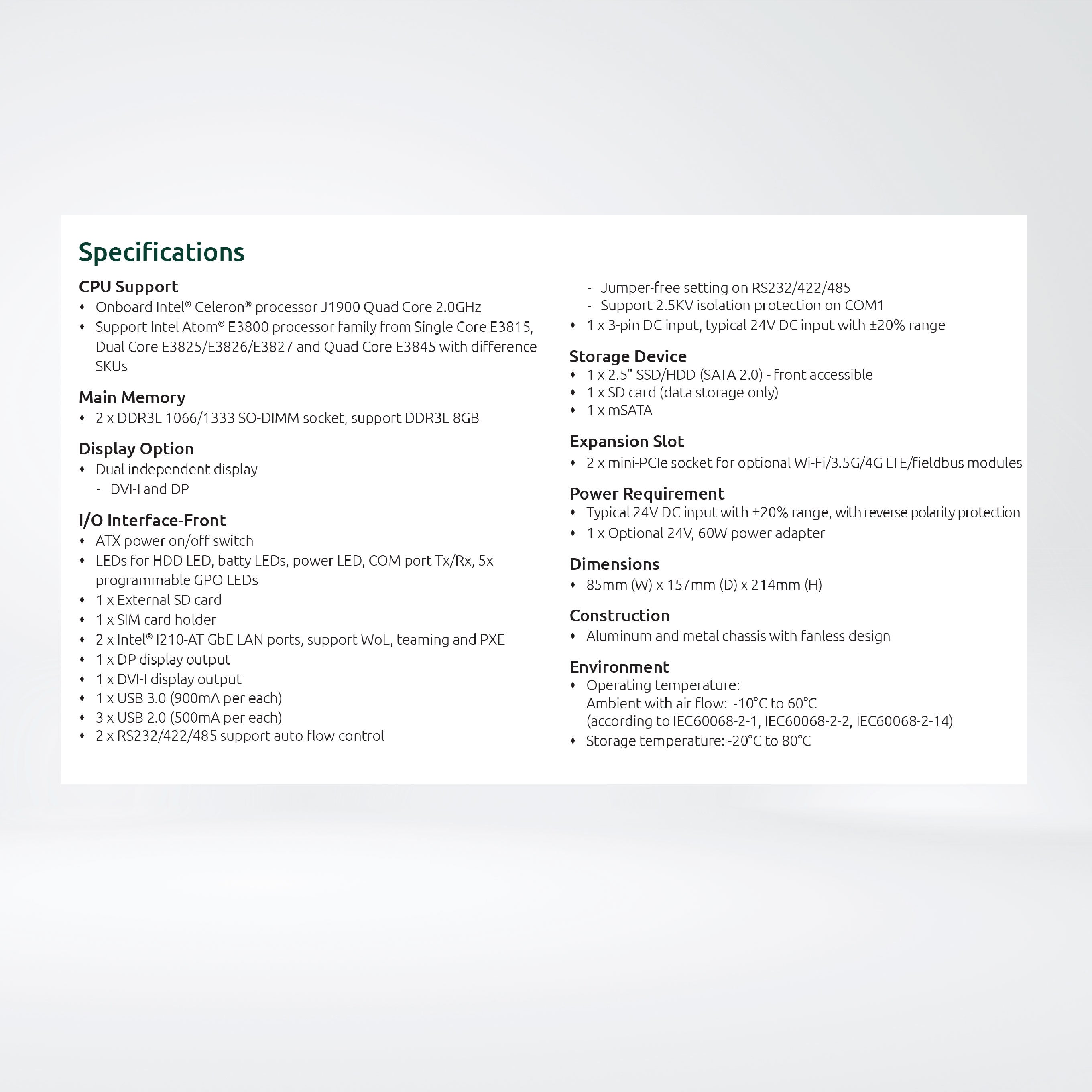 NIFE200 Celeron J1900 Quad Core 2.0GHz with Fieldbus Expansion Ability RAM4/SSD250GB Industrial Computer