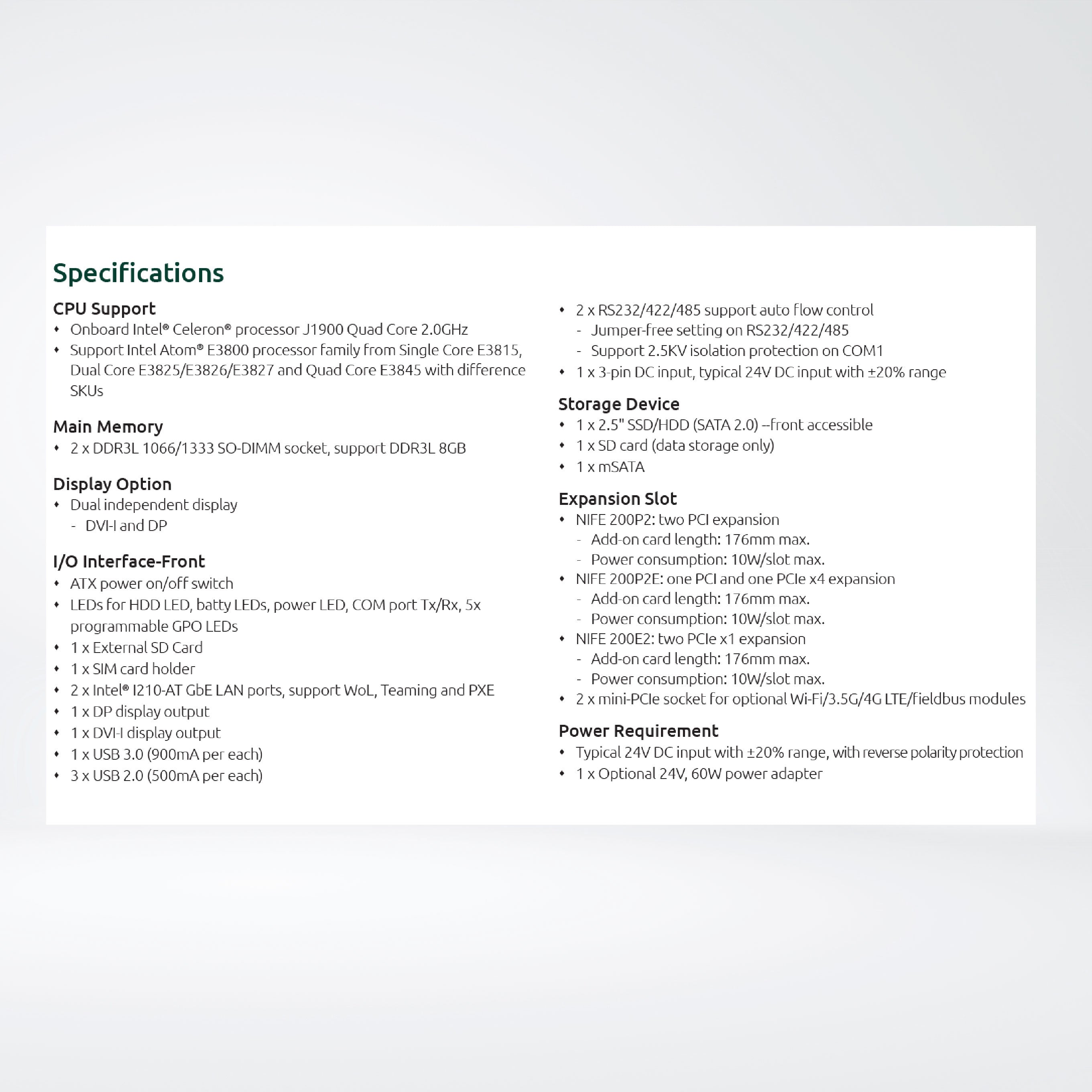 NIFE200P2 Celeron® J1900 Processor RAM4/SSD250GB Industrial Computer