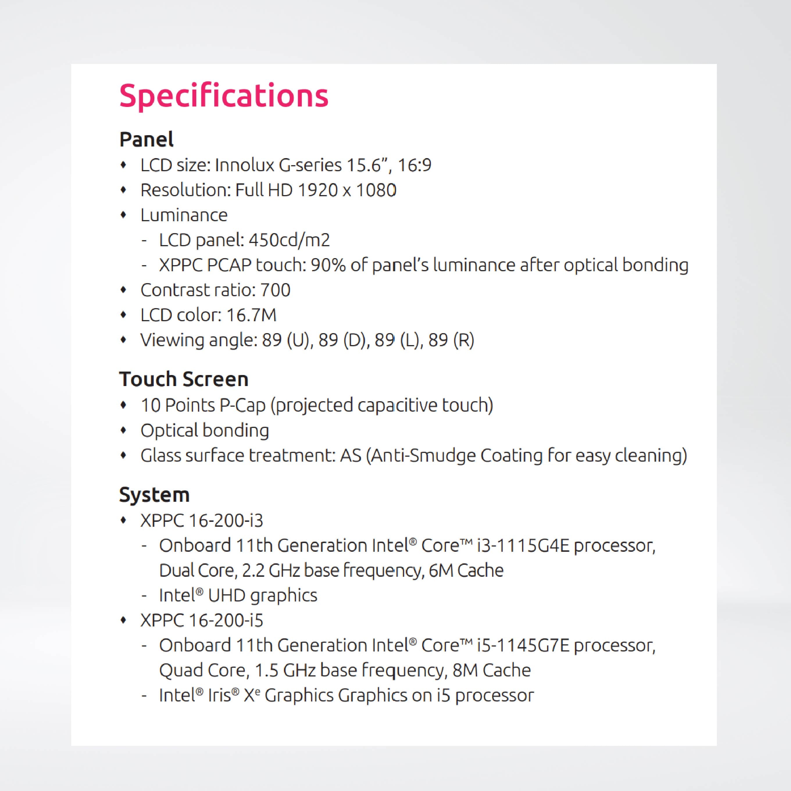 XPPC 16-200 15.6” TFT FHD 16:9 Slim Bezel, Multi-Touchscreen ,Core™ i5-1145G7E 2.60GHz