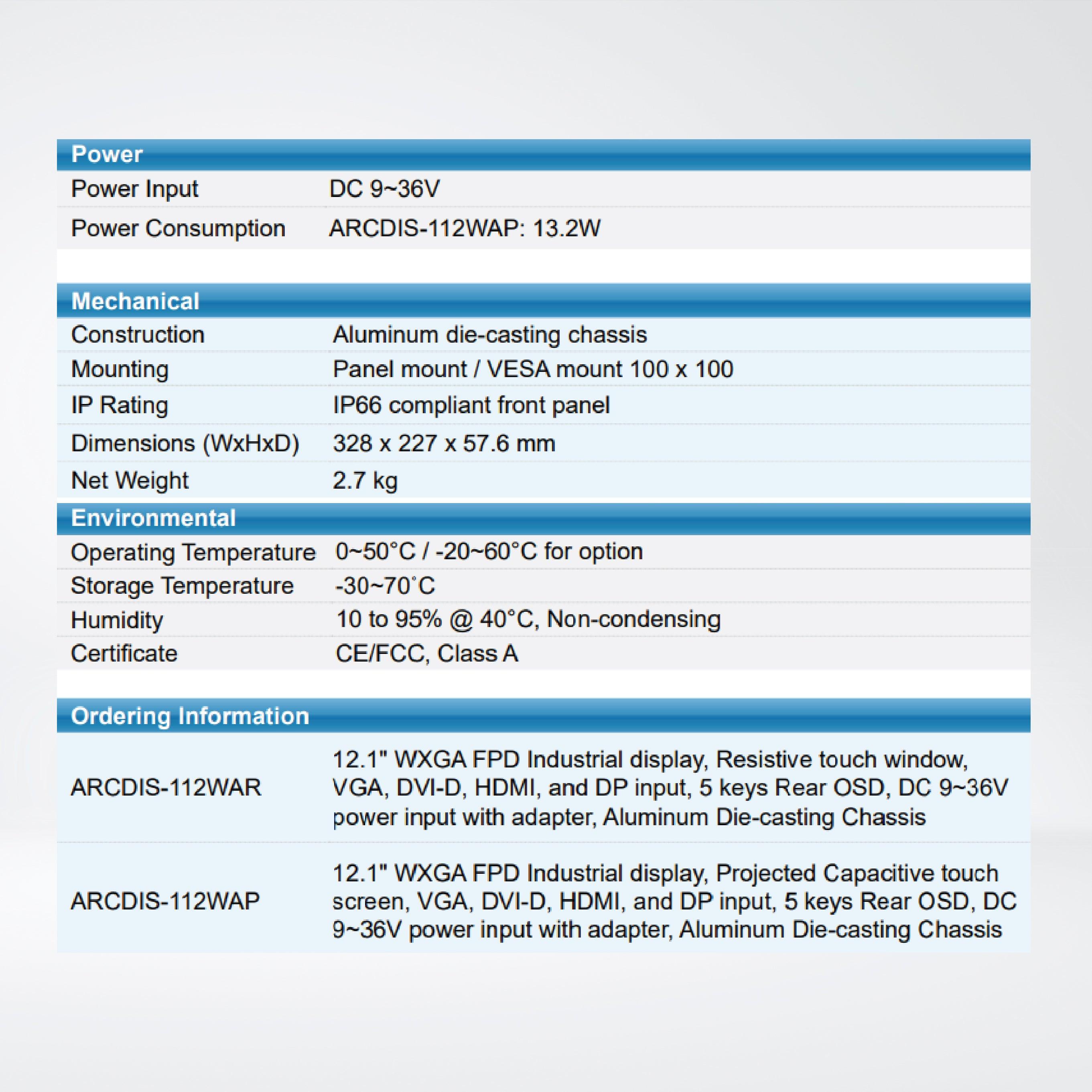 ARCDIS-112WAPRG(H) 12.1" Wide Front Panel IP66 Aluminum Die-casting Display - Riverplus