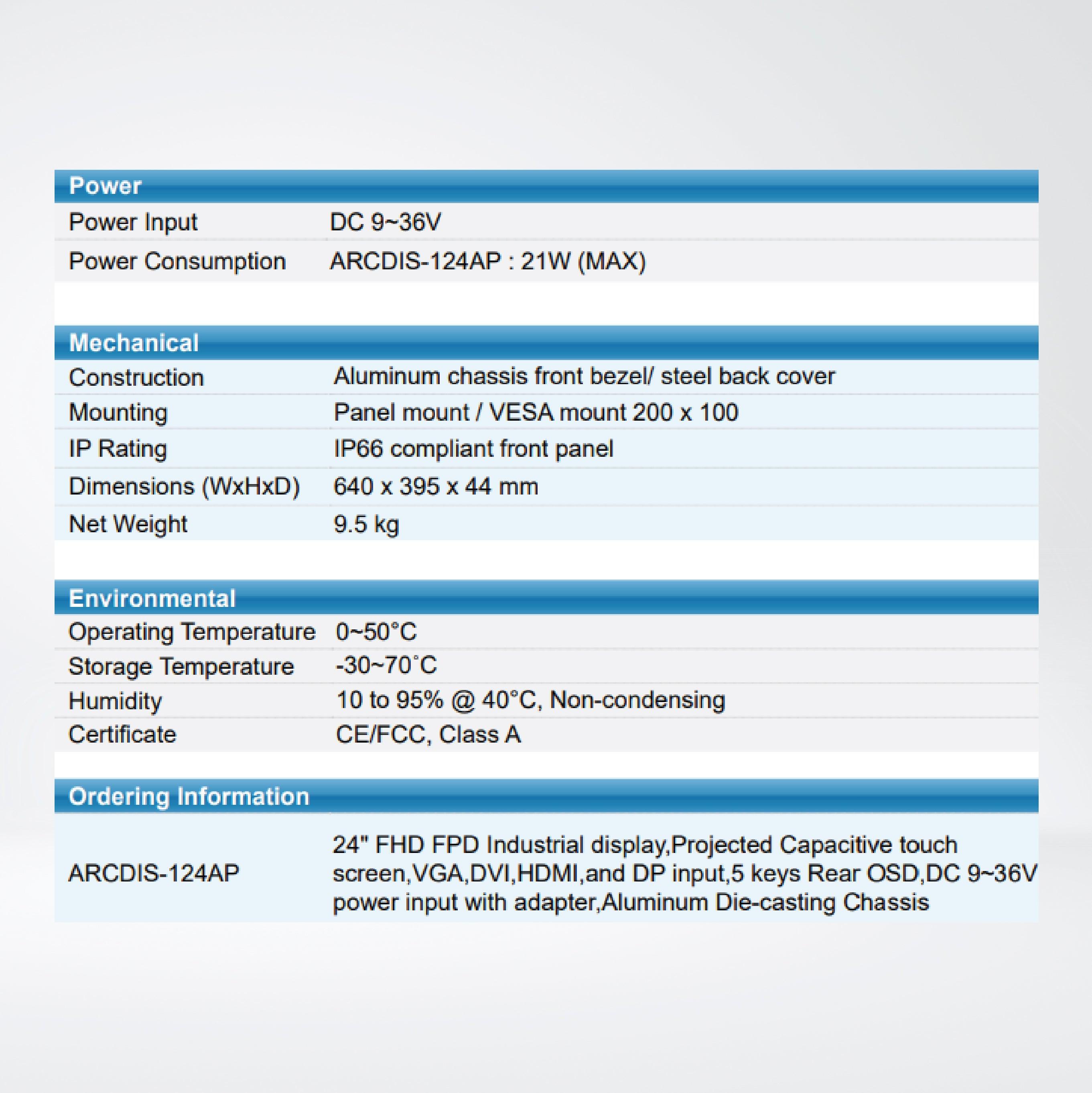 ARCDIS-124APG(H) 23.8” Front Panel IP66 Aluminum Die-casting Display - Riverplus