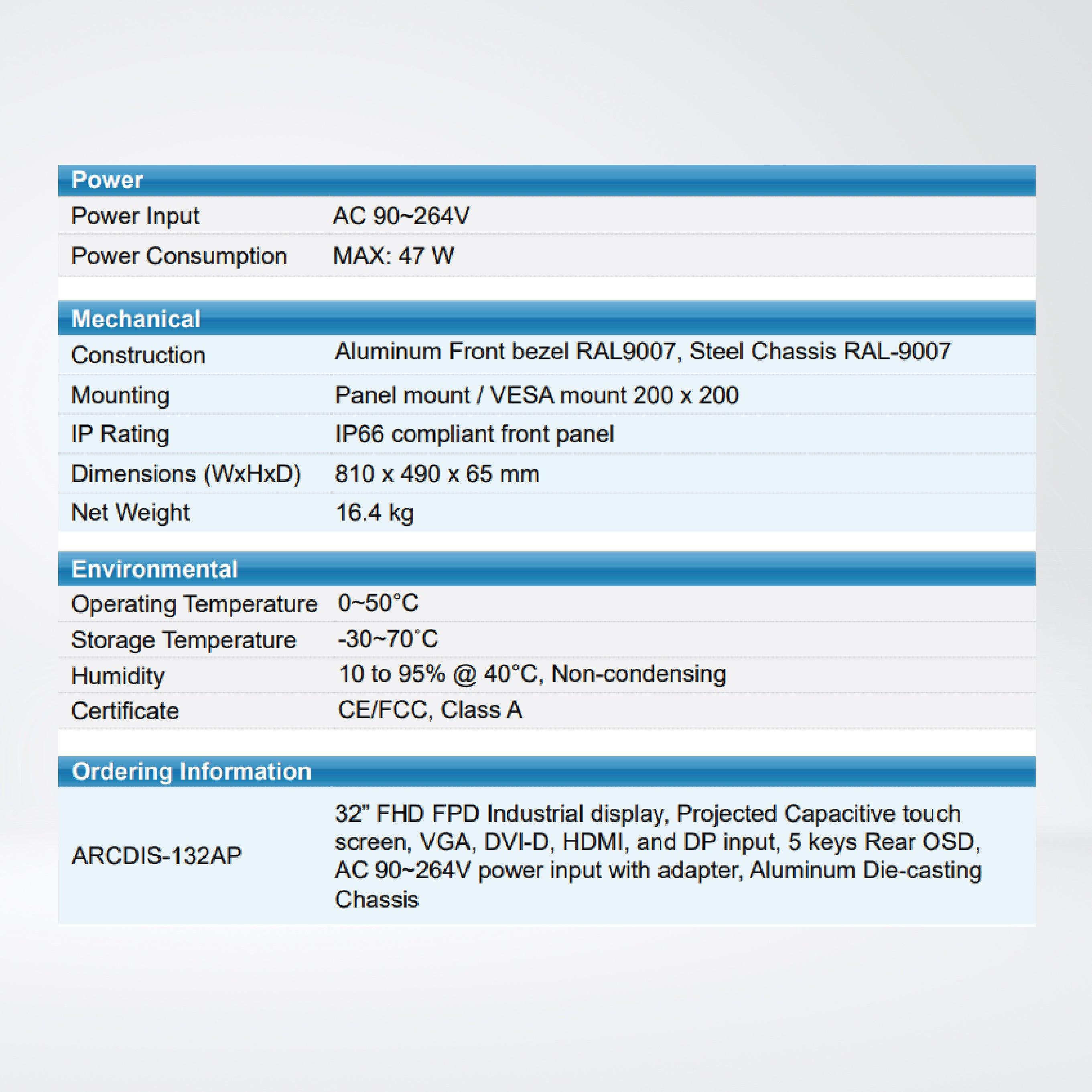 ARCDIS-132AP 32” Front Panel IP66 Aluminum Die-casting Display - Riverplus