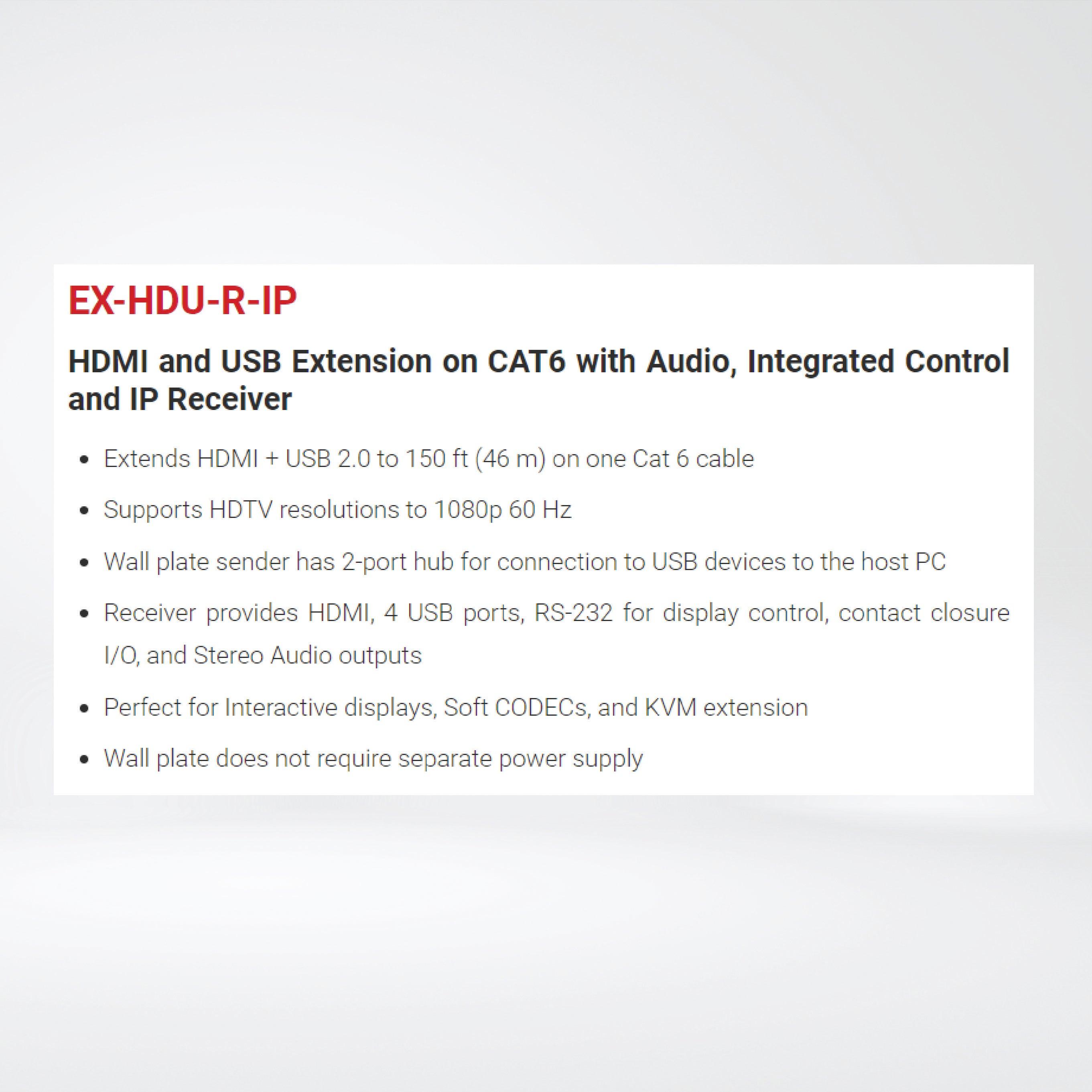 EX-HDU-R-IP HDMI and USB Extension on CAT6 with Audio, Integrated Control and IP Receiver - Riverplus