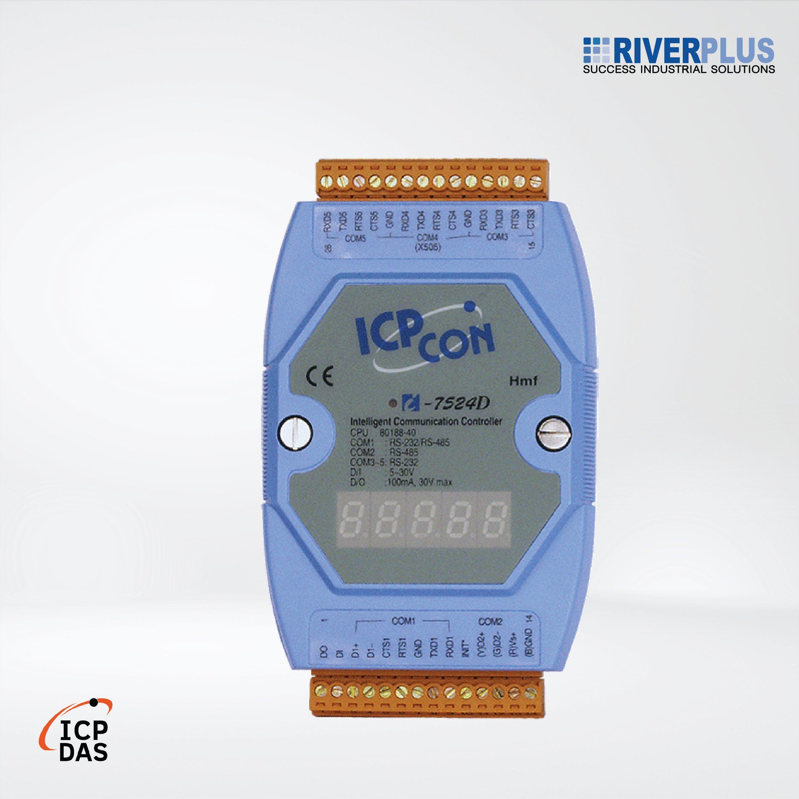I-7524D Addressable RS-485 to 4 x RS-232/RS-485 Converter with 1 DI, 1 DO and 7-Segment LED Display (Blue Cover) - Riverplus