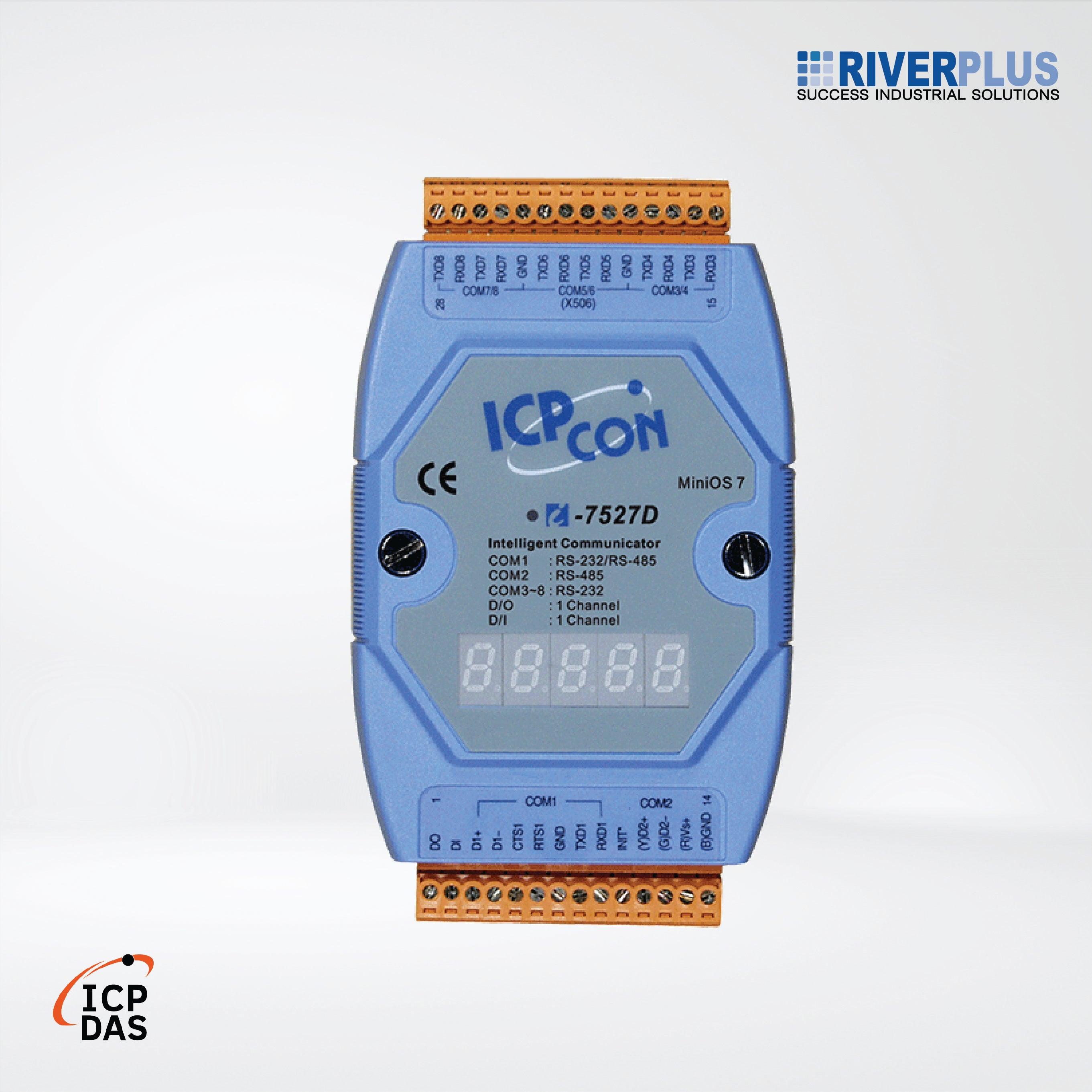 I-7527D Addressable RS-485 to 7 x RS-232/RS-485 Converter with 1 DI, 1 DO and 7-Segment LED Display (Blue Cover) - Riverplus