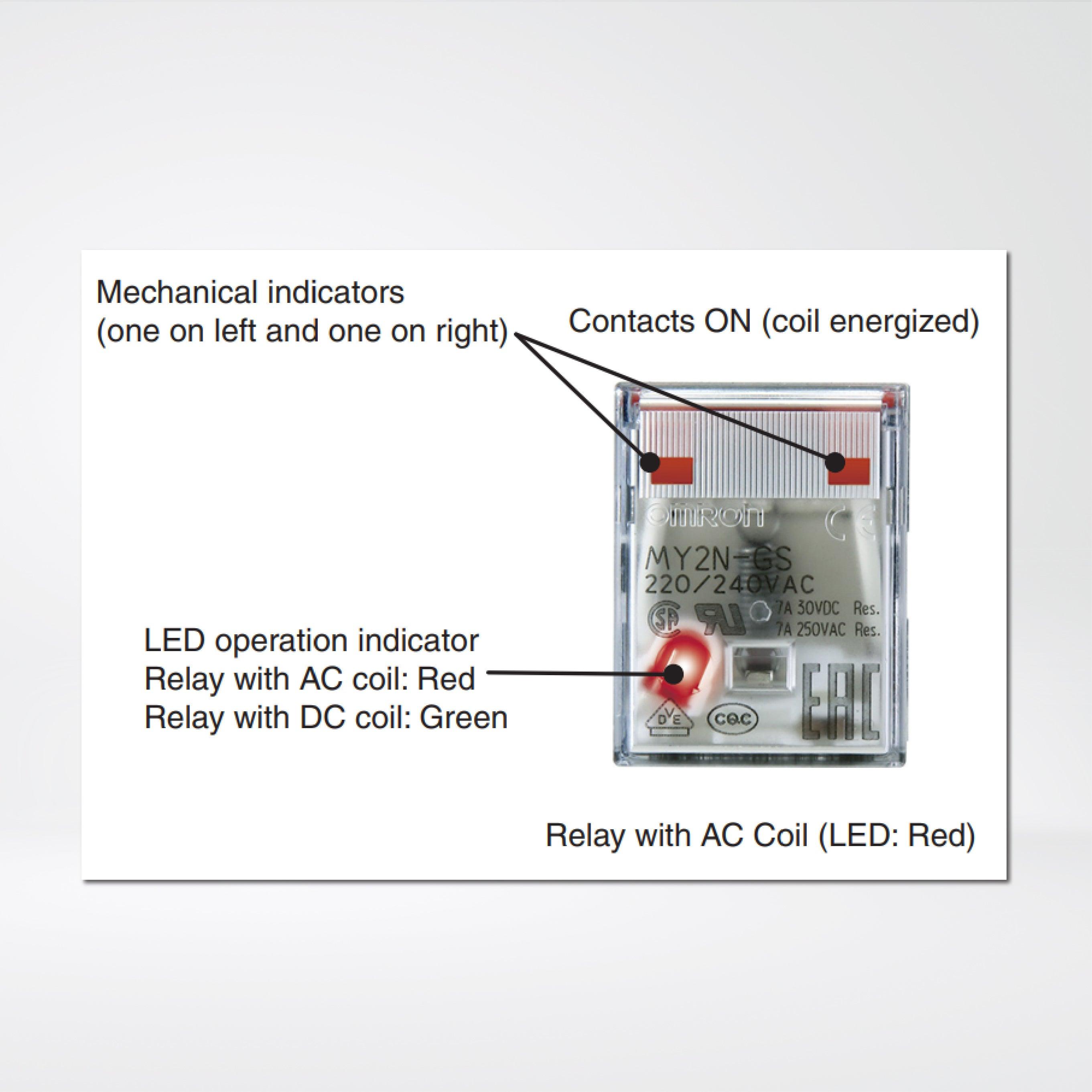 MY2-GS AC24 BY OMZ Relay, plug-in, 8-pin, DPDT, 7 A, mechanical indicator, 24 VAC - Riverplus