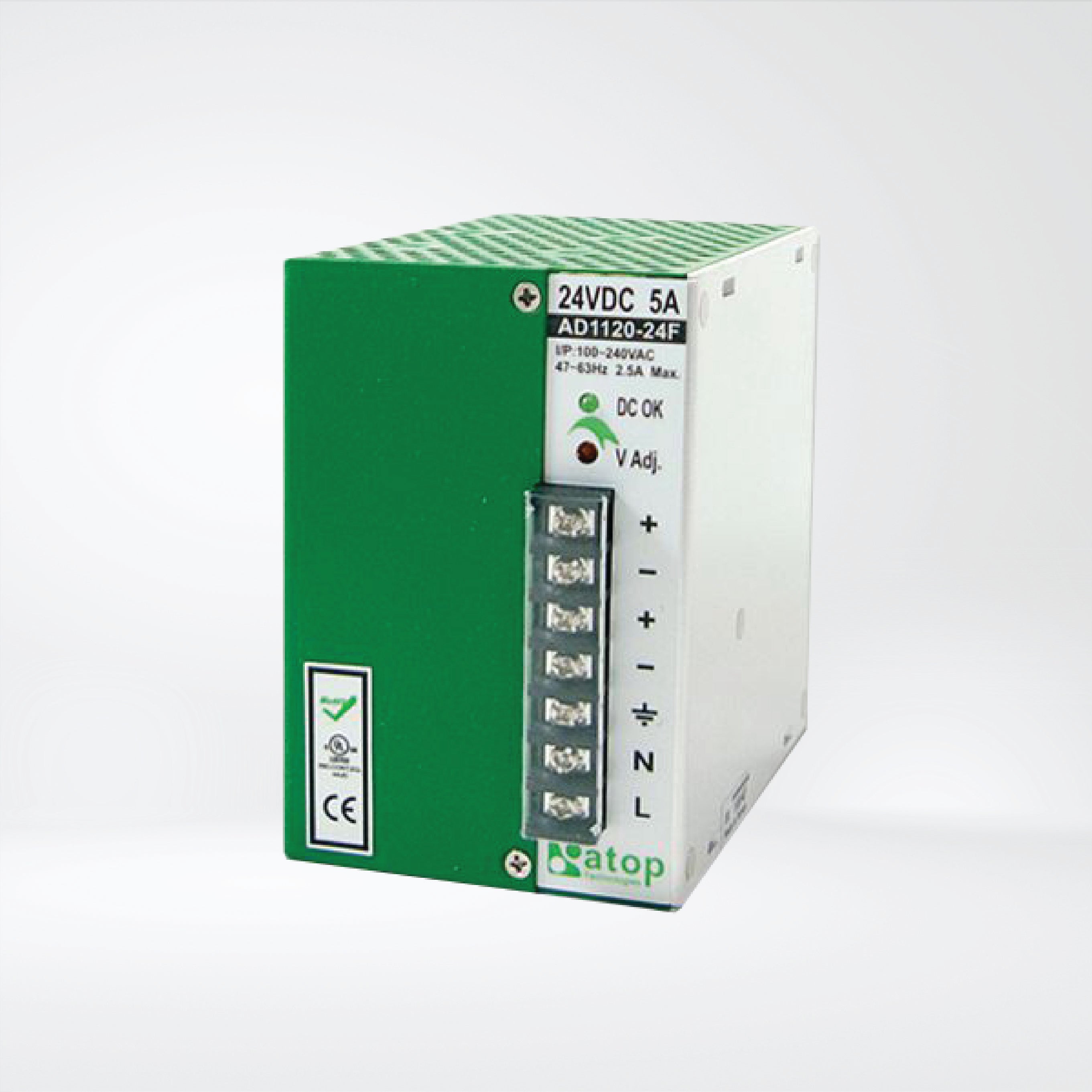 AD1120-24F 120W/5A DIN-Rail 24 VDC power supply with universal 100~240VAC/120~370VDC input