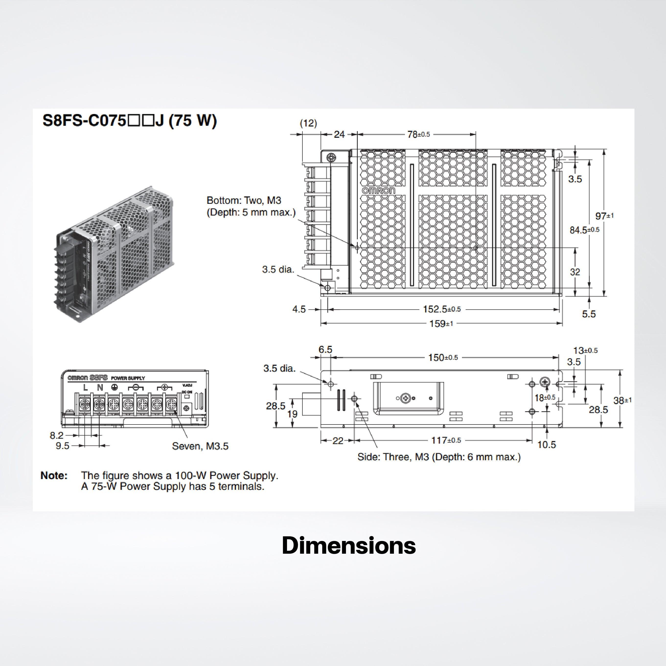 S8FS-C07505J Switch Mode Power Supply ,75 W , 5VDC ,Model with terminal block facing forward - Riverplus