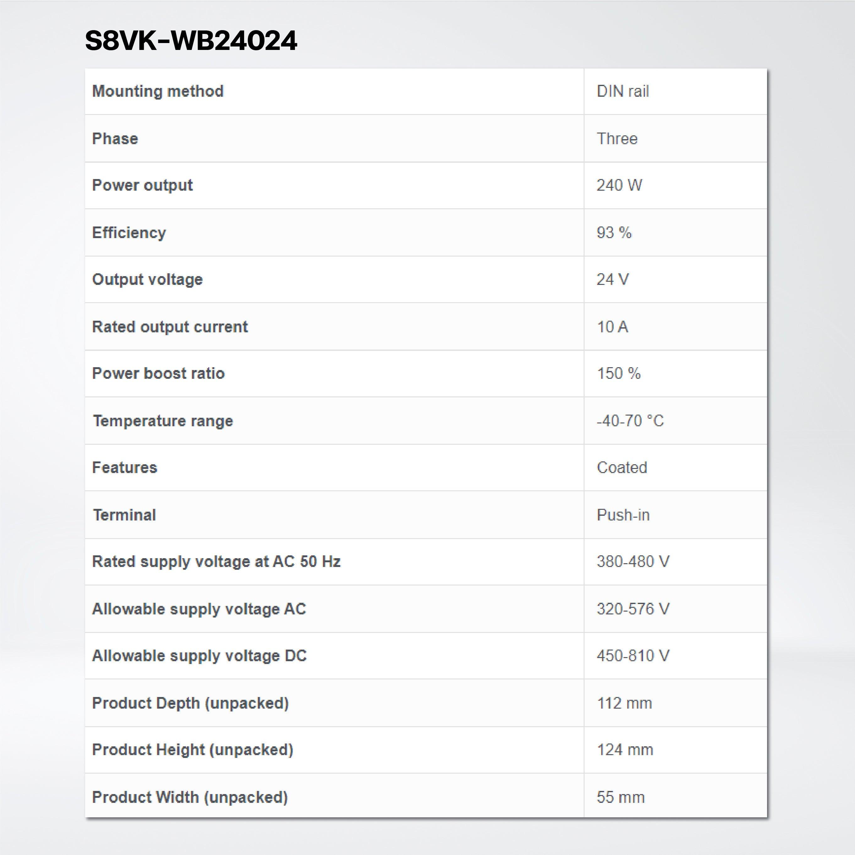 S8VK-WB24024 3-phase 380 to 480 V input power supply, 240 W, 24 VDC, DIN rail mounting - Riverplus