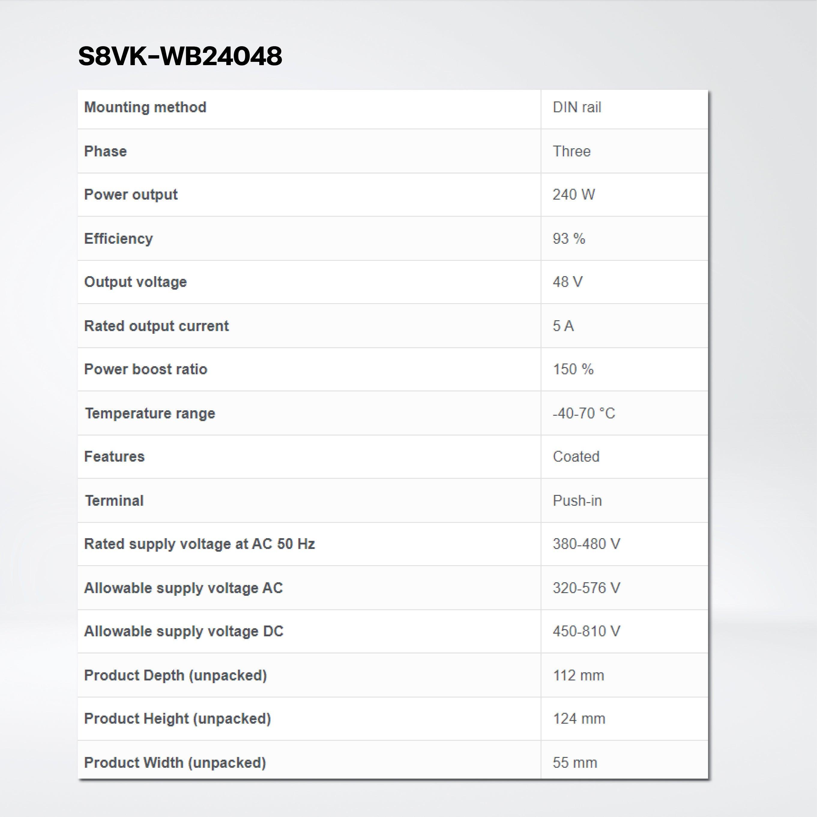 S8VK-WB24024 3-phase 380 to 480 V input power supply, 240 W, 24 VDC, DIN rail mounting - Riverplus
