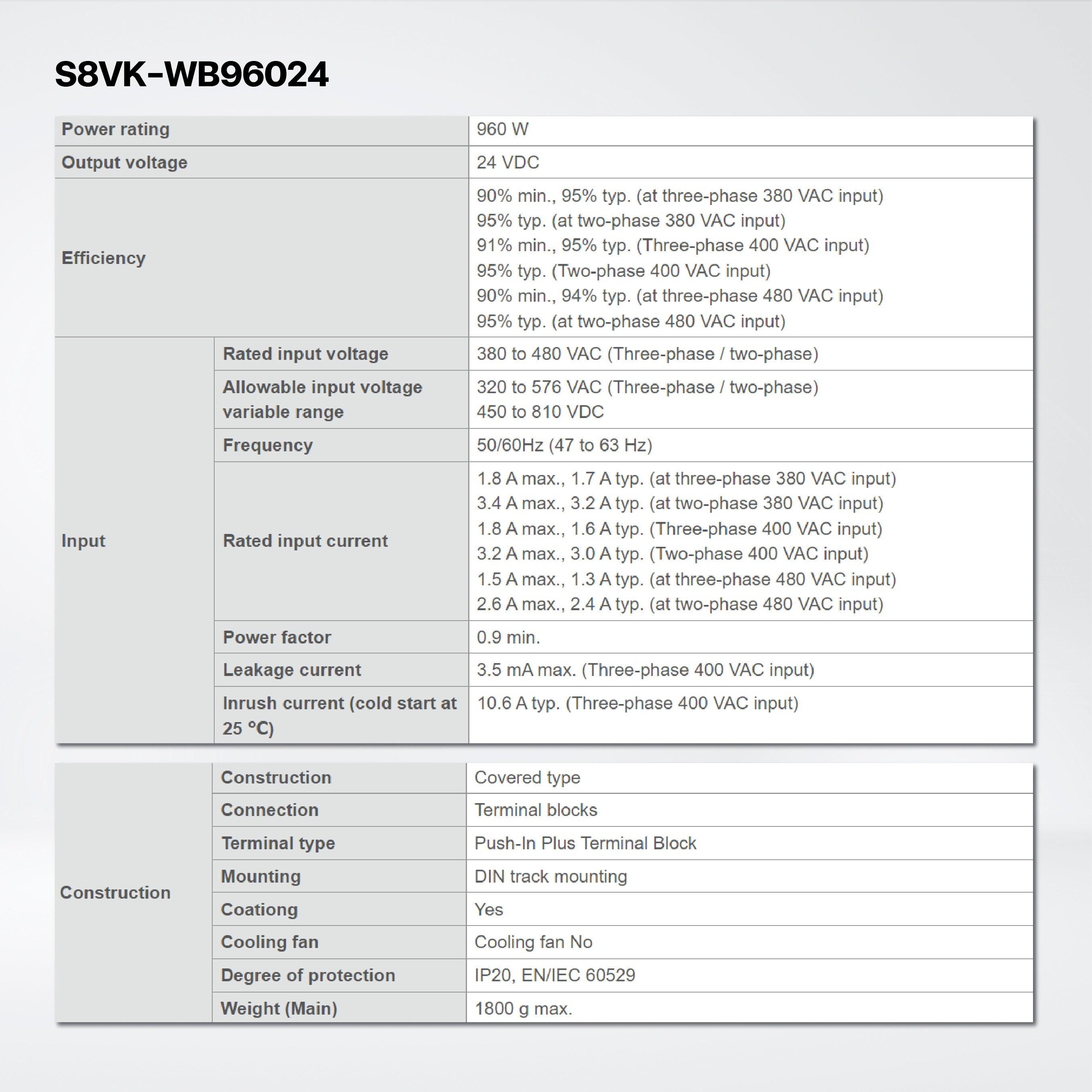 S8VK-WB96024 3-phase 380 to 480 V input power supply, 960 W, 24 VDC, DIN rail mounting - Riverplus