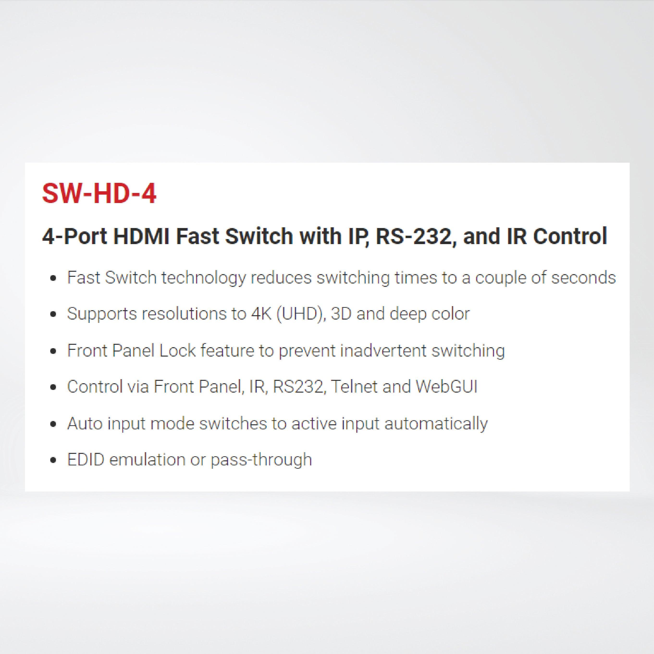 SW-HD-4 4-Port HDMI Fast Switch with IP, RS-232, and IR Control - Riverplus