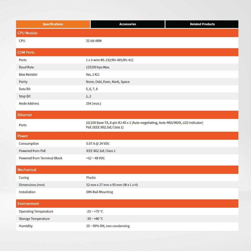 718i tDS-718i CR Tiny (1x Isolated RS-232/422/485) Serial-to-Ethernet Devic
