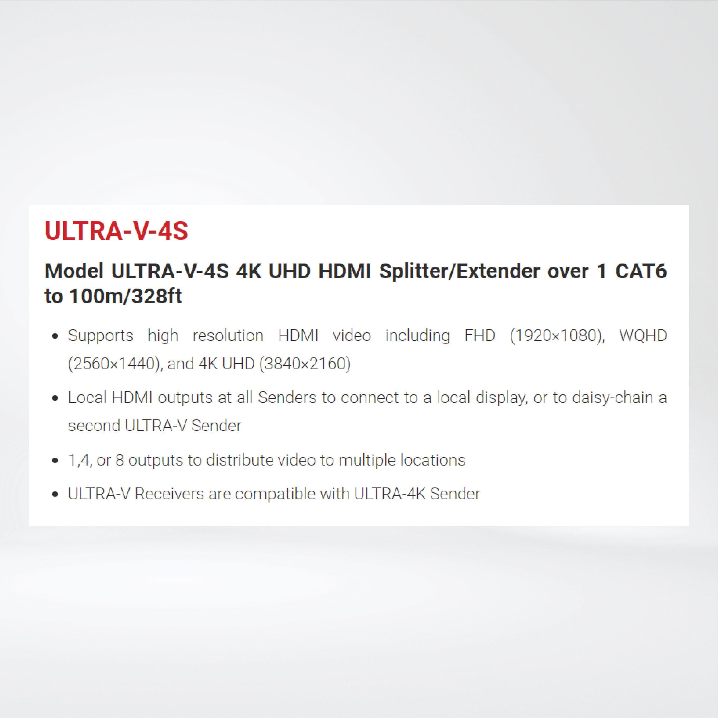ULTRA-V-4S 4K UHD HDMI Splitter/Extender over 1 CAT6 to 100m/328ft - Riverplus