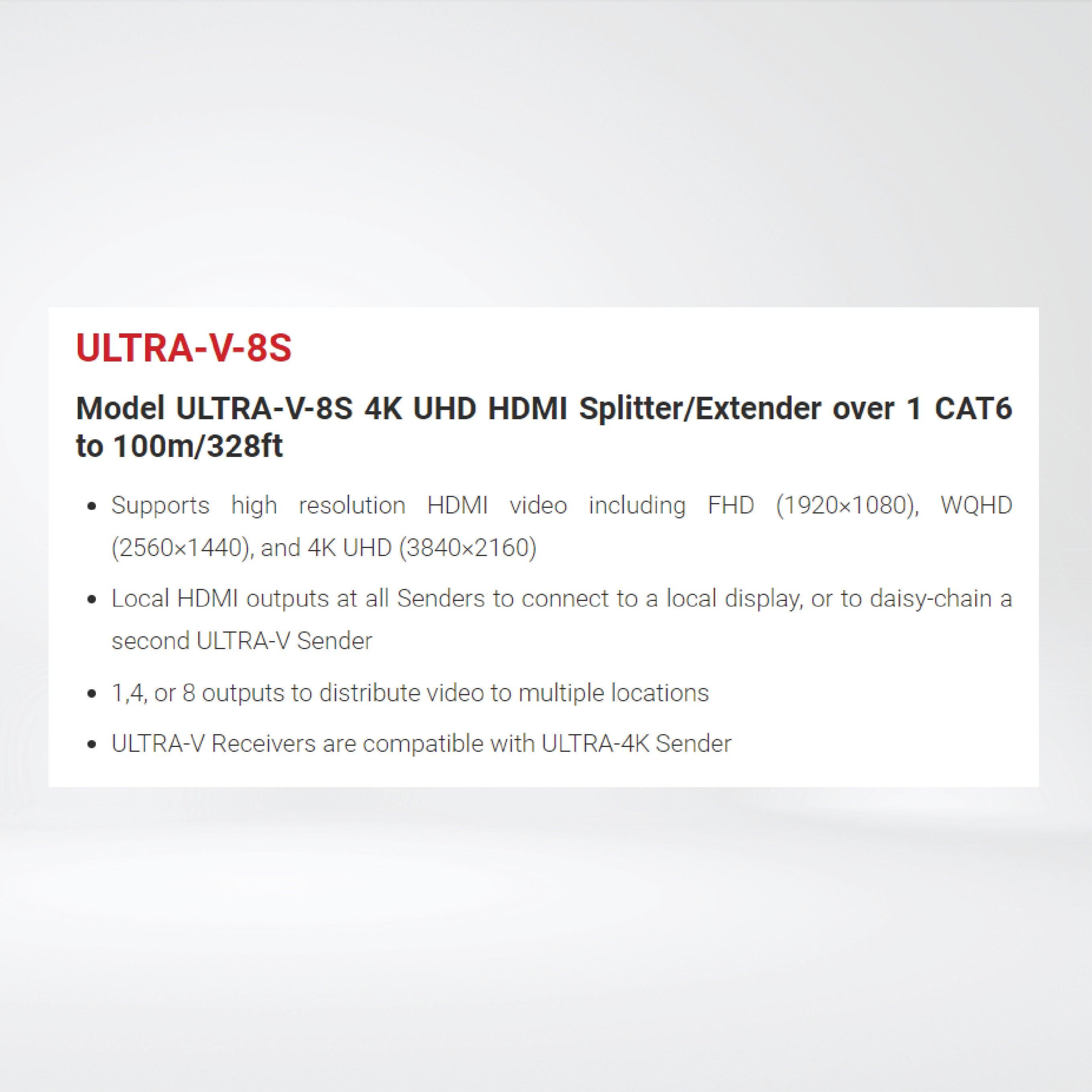 ULTRA-V-8S 4K UHD HDMI Splitter/Extender over 1 CAT6 to 100m/328ft - Riverplus