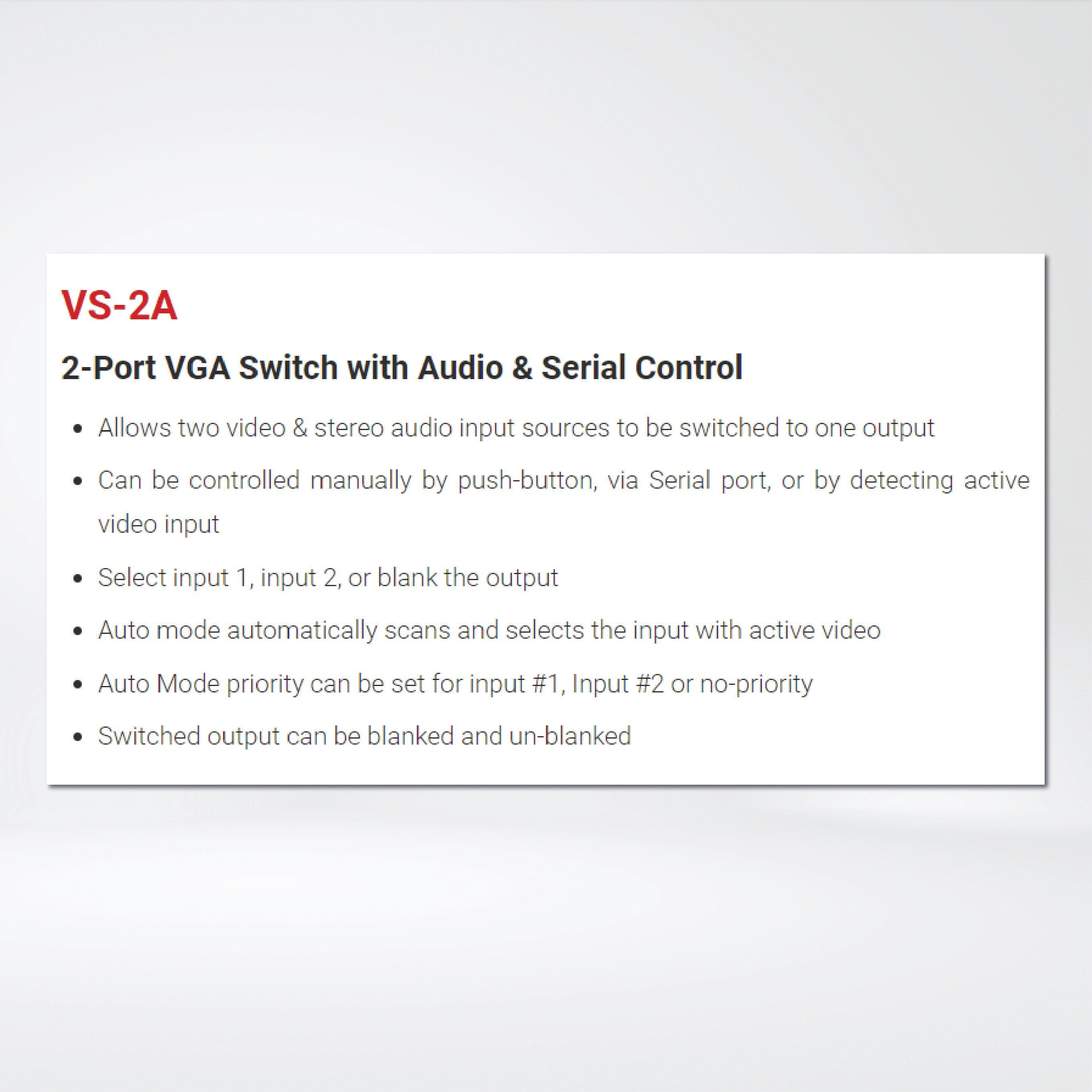 VS-2A 2-Port VGA Switch with Audio & Serial Control - Riverplus