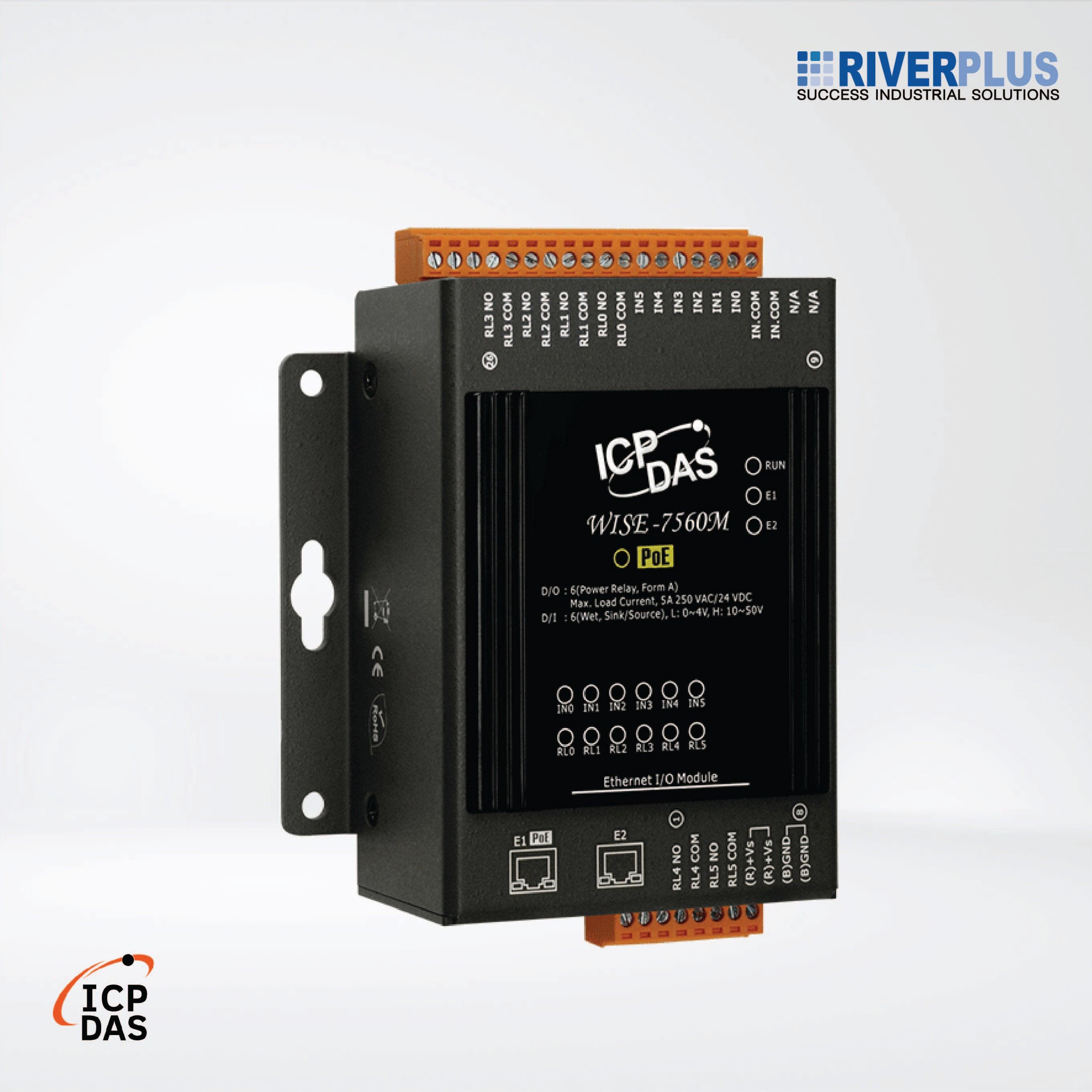 WISE-7560M Intelligent MQTT I/O Module with 6-ch DI, 6-ch Power Relay and 2-port Ethernet Switch - Riverplus